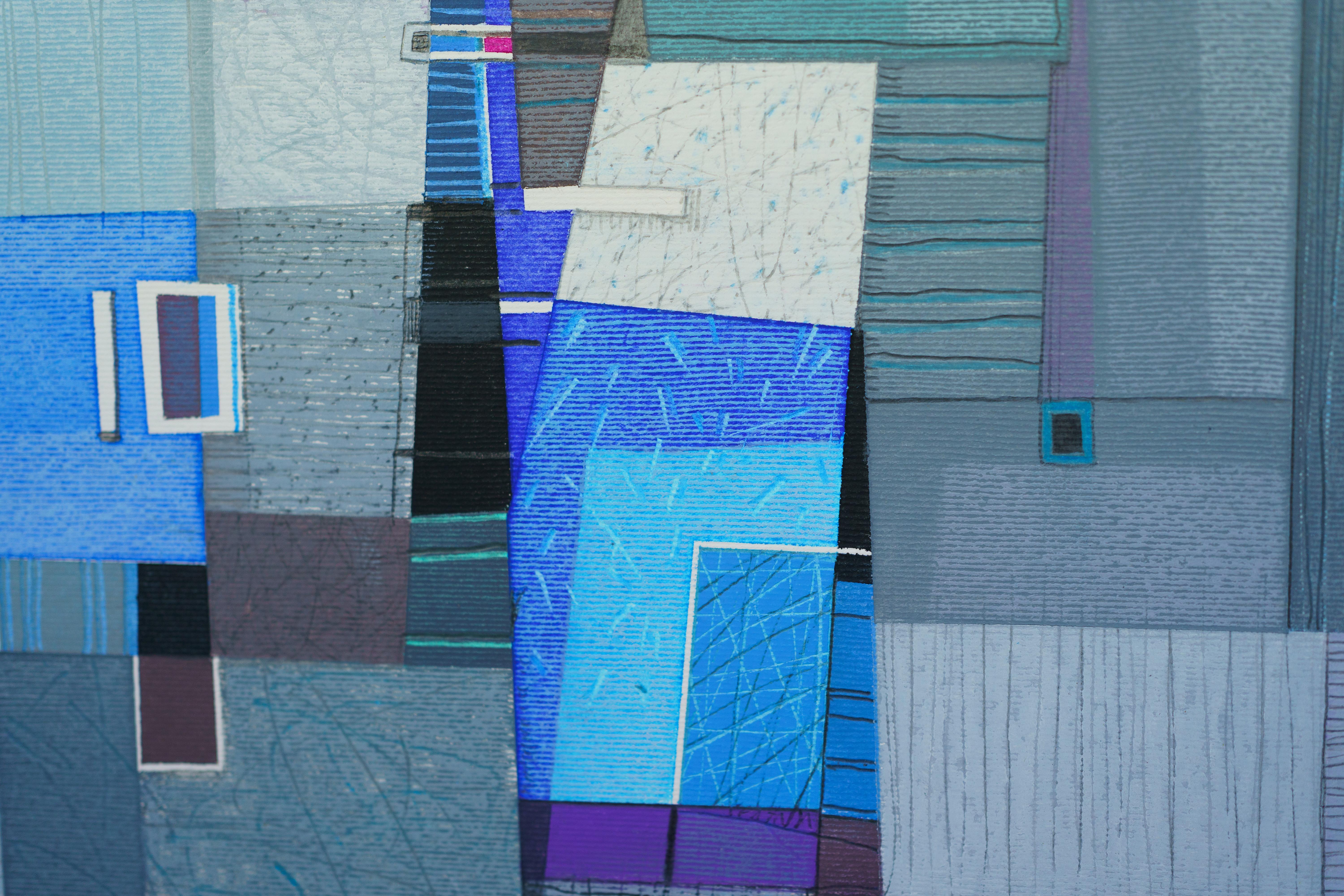 Blue Town - Contemporary Cityscape Oil Pastel  Painting, Blue Tones  - Art by Janusz Kokot