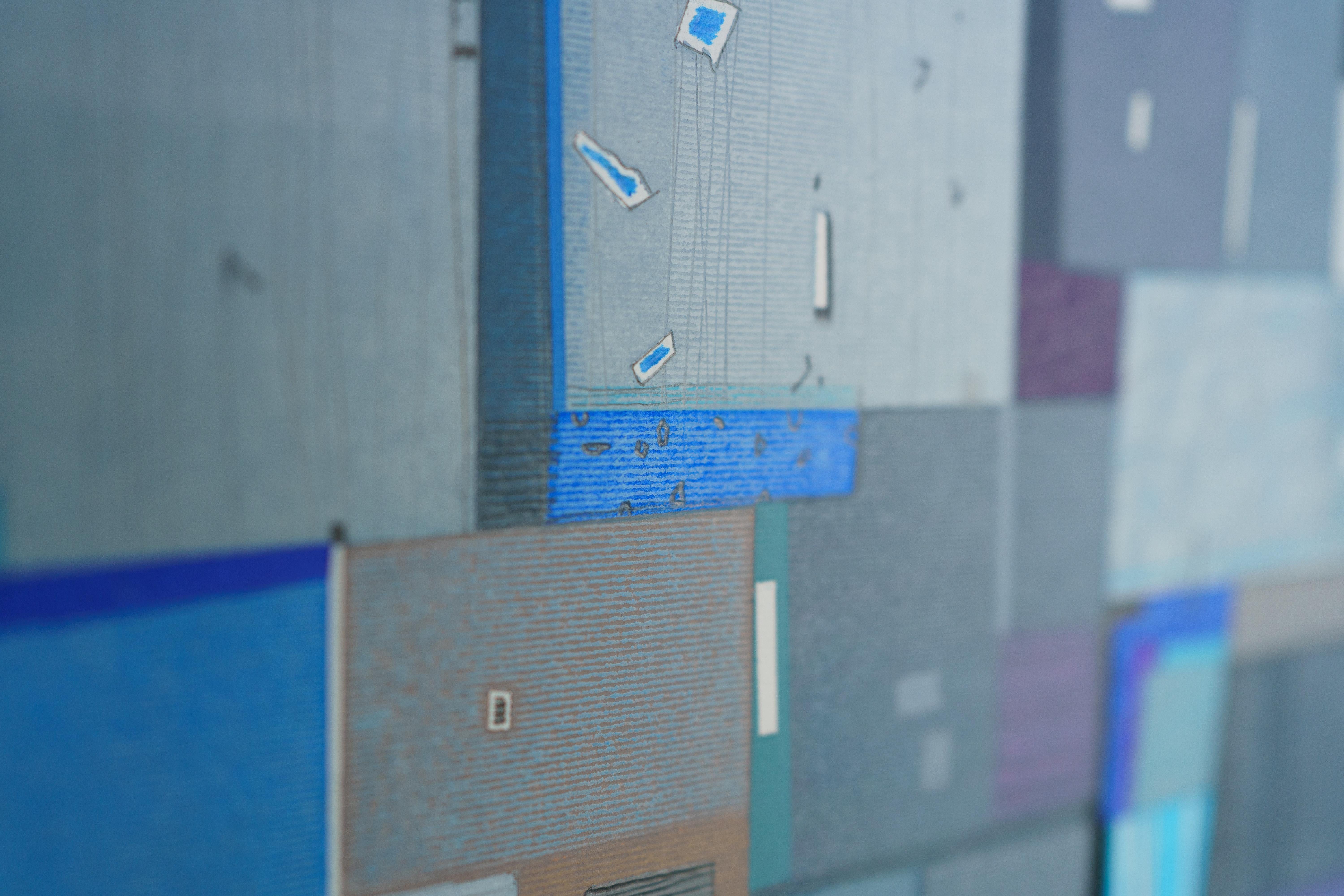 Blue Town - Paysage urbain contemporain Pastel d'huile  Peinture, tons bleus 1