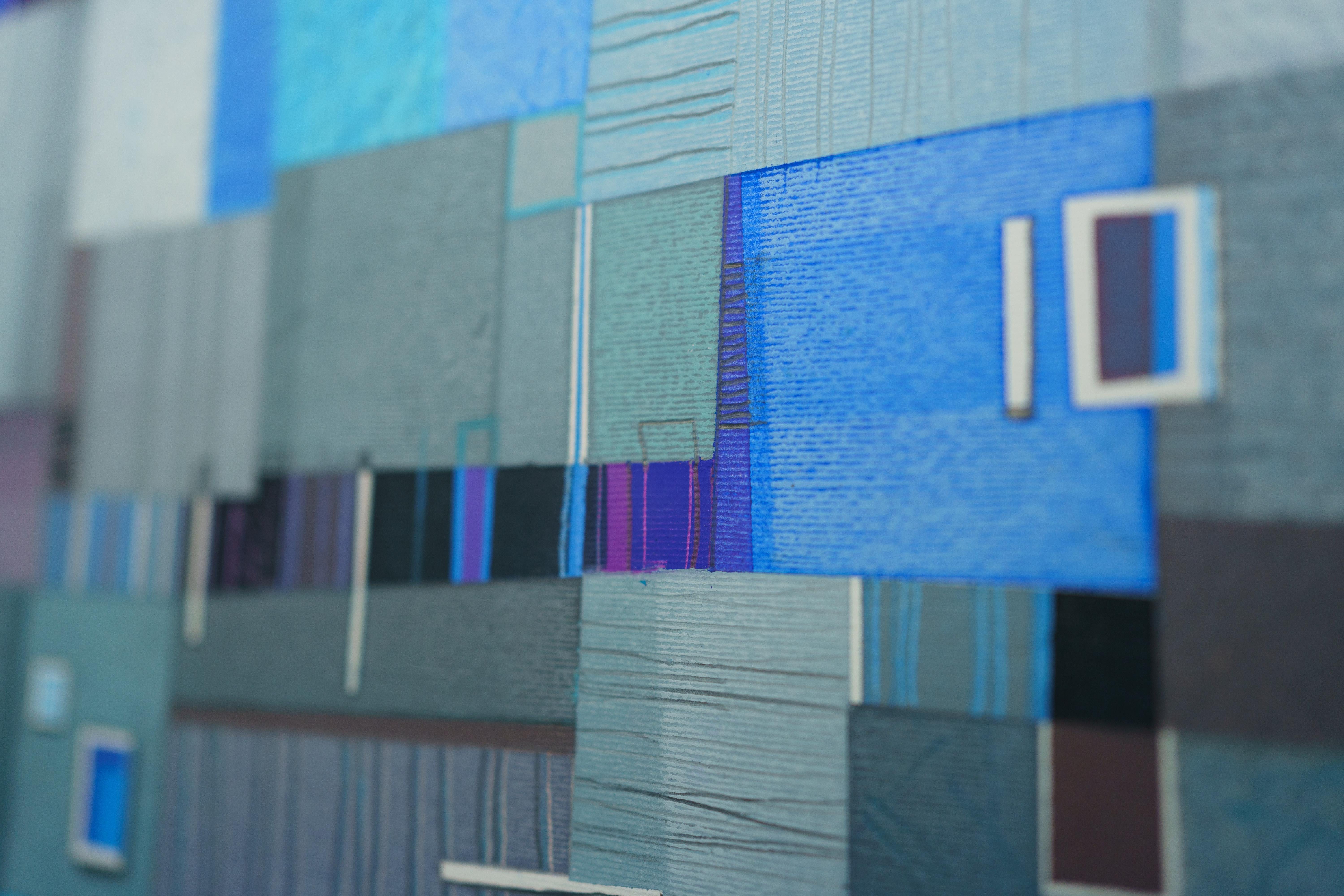 Blue Town - Paysage urbain contemporain Pastel d'huile  Peinture, tons bleus 2