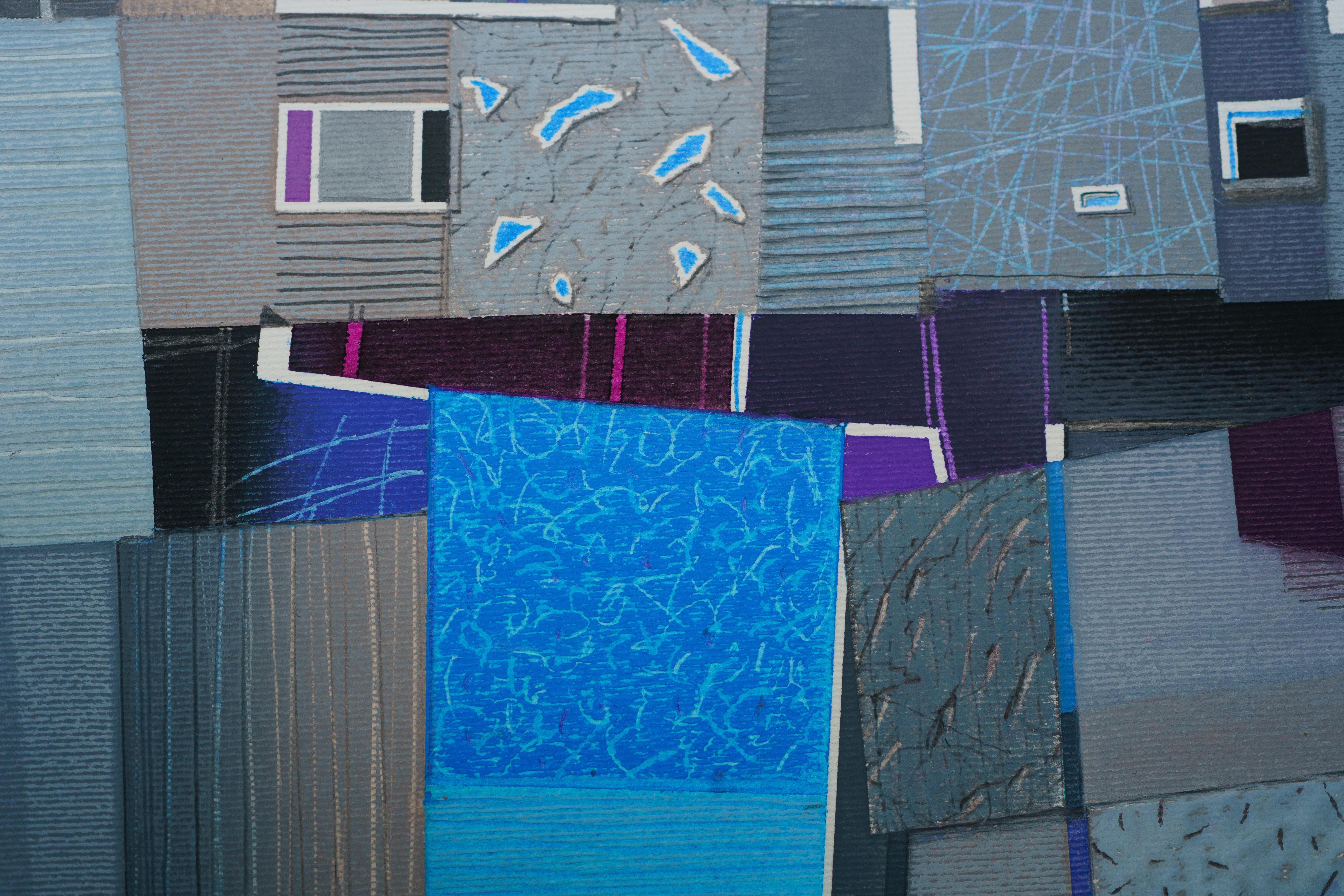 Blue Town - Contemporary Cityscape Oil Pastel  Painting, Blue Tones  2