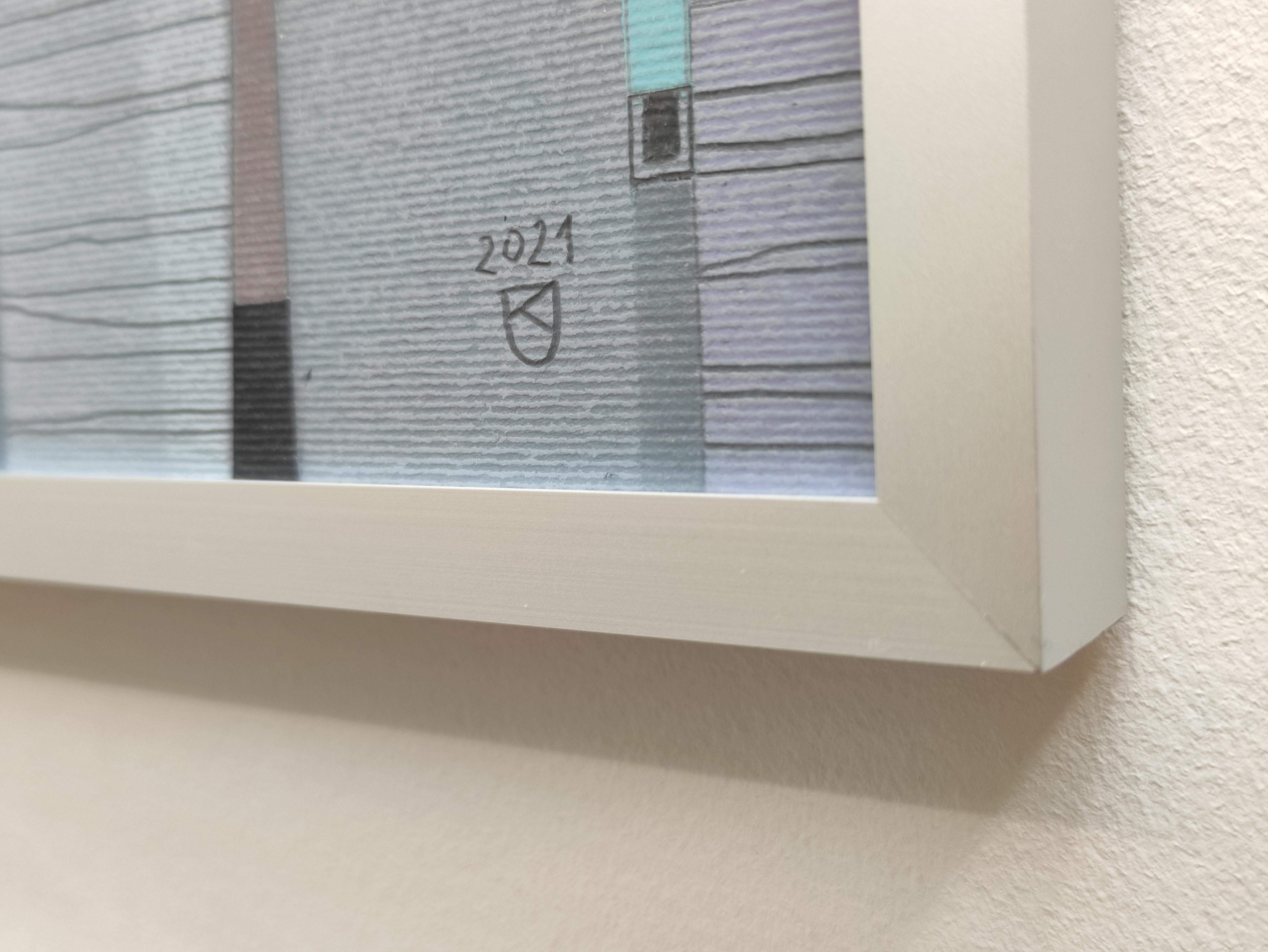 Blue Town - Paysage urbain contemporain Pastel d'huile  Peinture, tons bleus 5