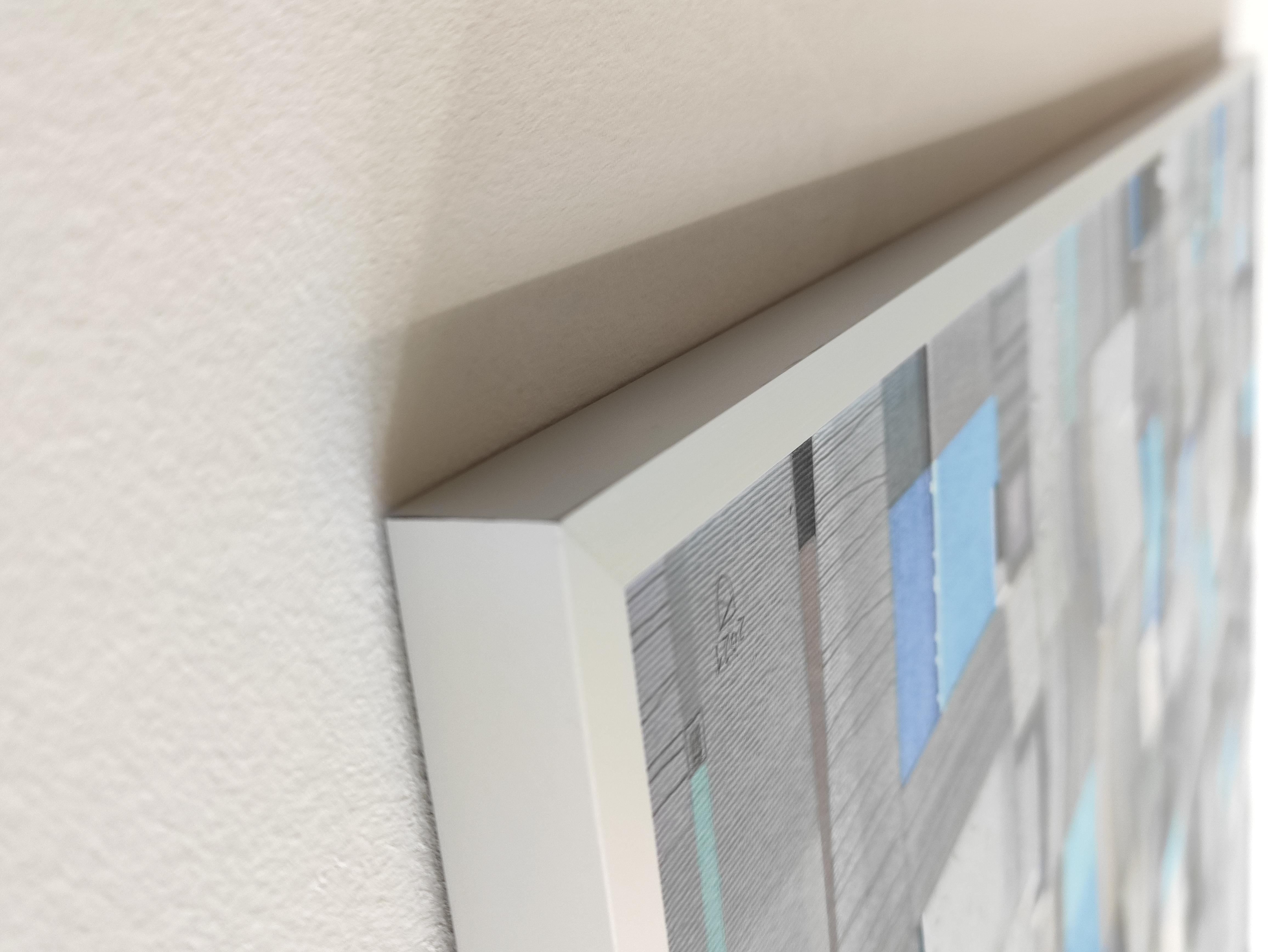 Blue Town - Paysage urbain contemporain Pastel d'huile  Peinture, tons bleus 6