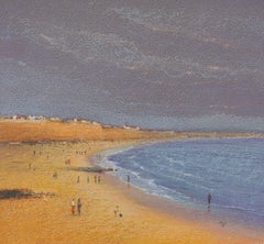 Beach 1 - Contemporary Landscape Oil Pastel Painting, Sea View, Warm Tones