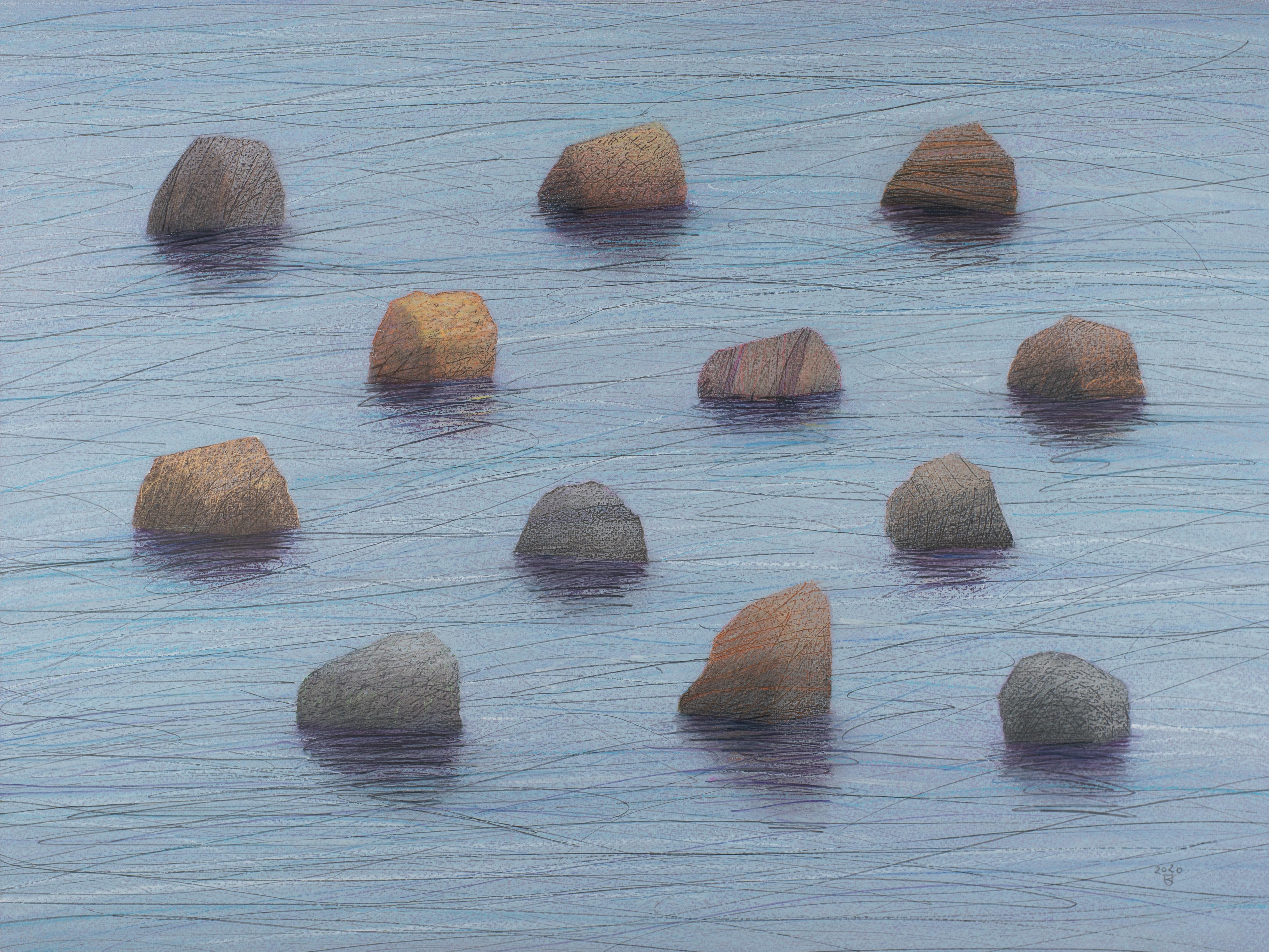 12 pierres - Paysage contemporain Pastel d'huile  Peinture, vue sur l'eau 