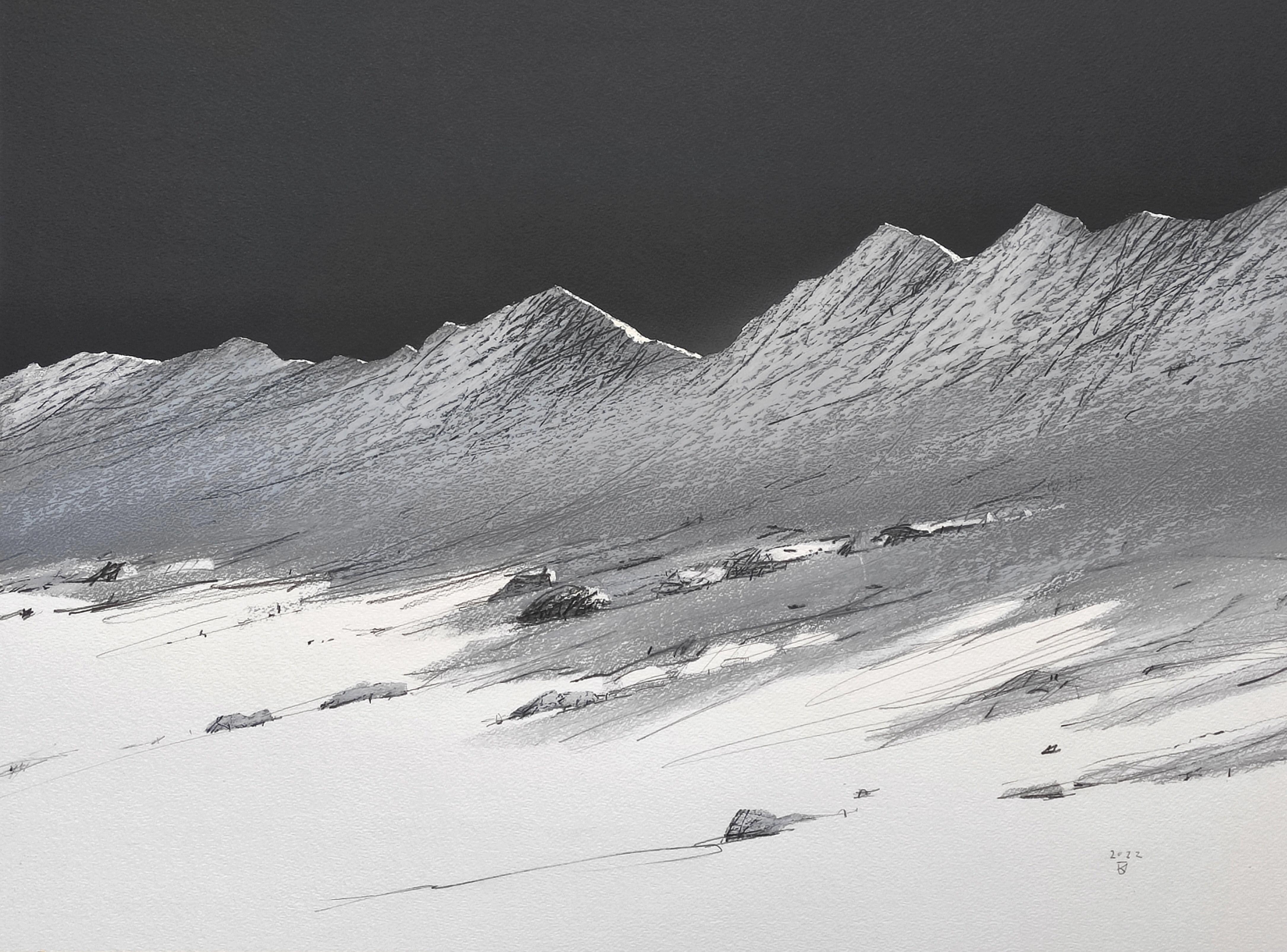A Winter Mountains - Contemporary Atmospheric Landscape Oil Pastel (Montagnes d'hiver - Paysage atmosphérique contemporain)  Peinture