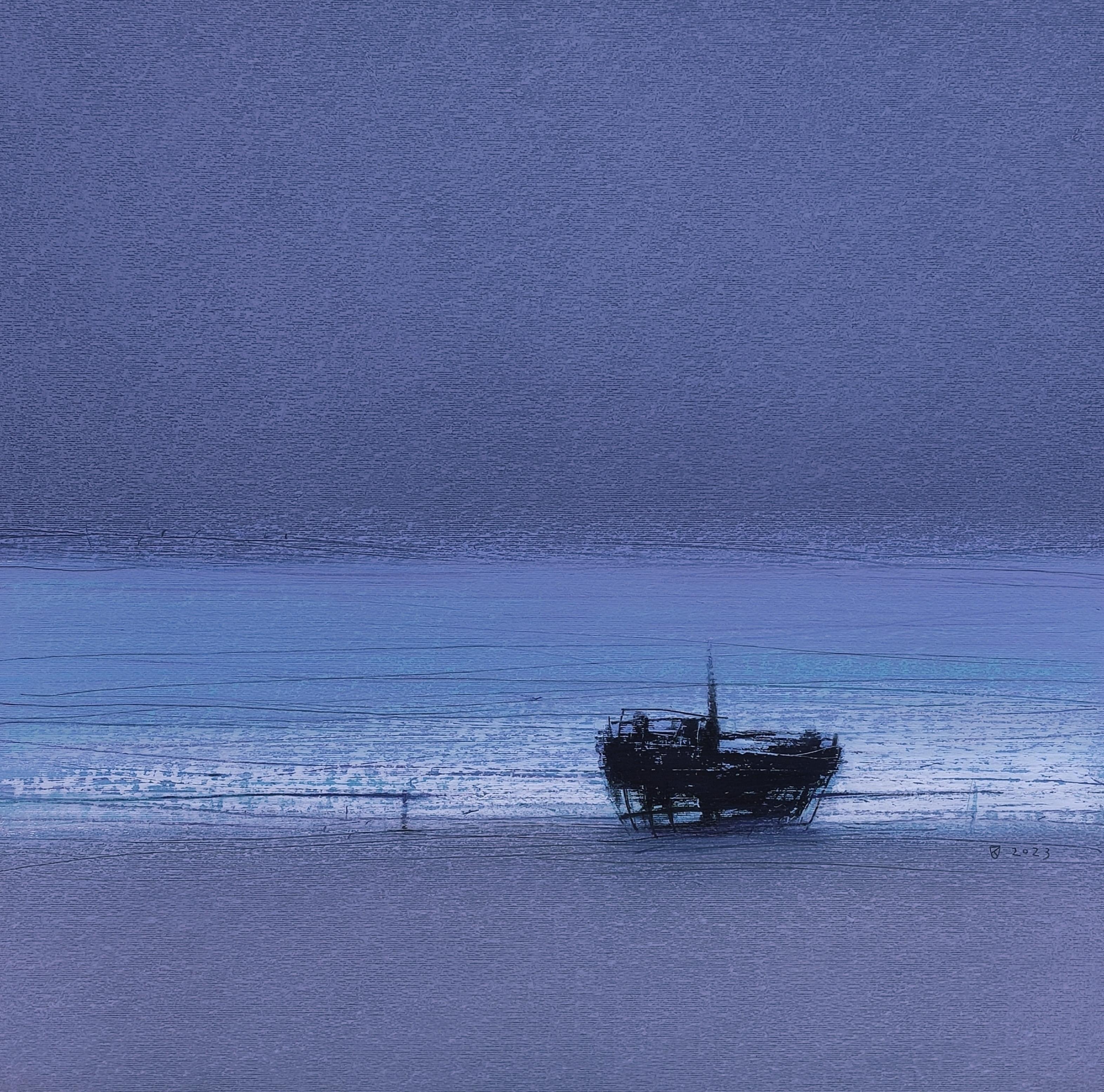 Janusz Kokot Landscape Art – Schiffswrack 2 (Blau) - Contemporary Atmospheric Sea Landscape Ölpastellgemälde