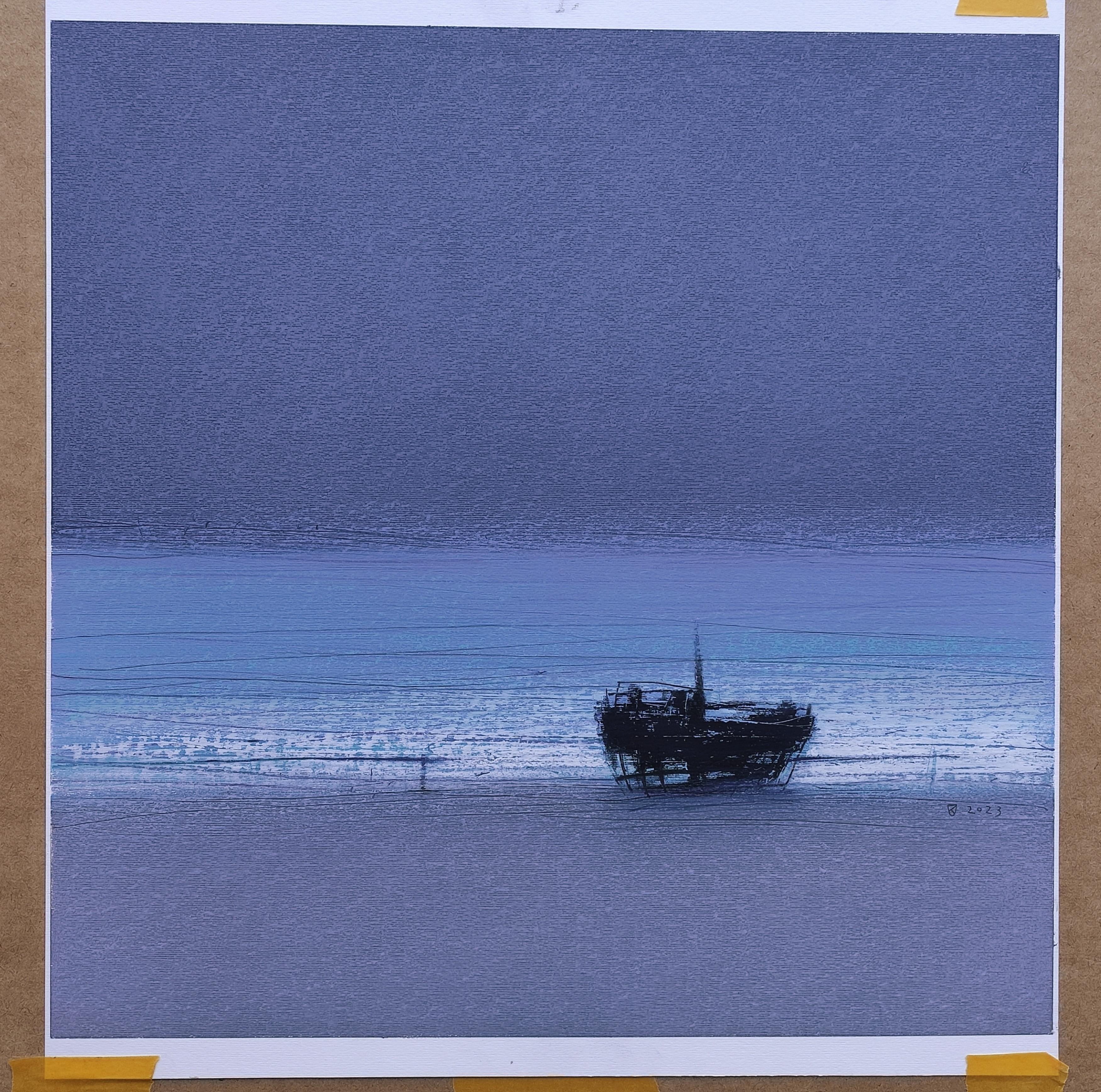Schiffswrack 2 (Blau) - Contemporary Atmospheric Sea Landscape Ölpastellgemälde – Art von Janusz Kokot