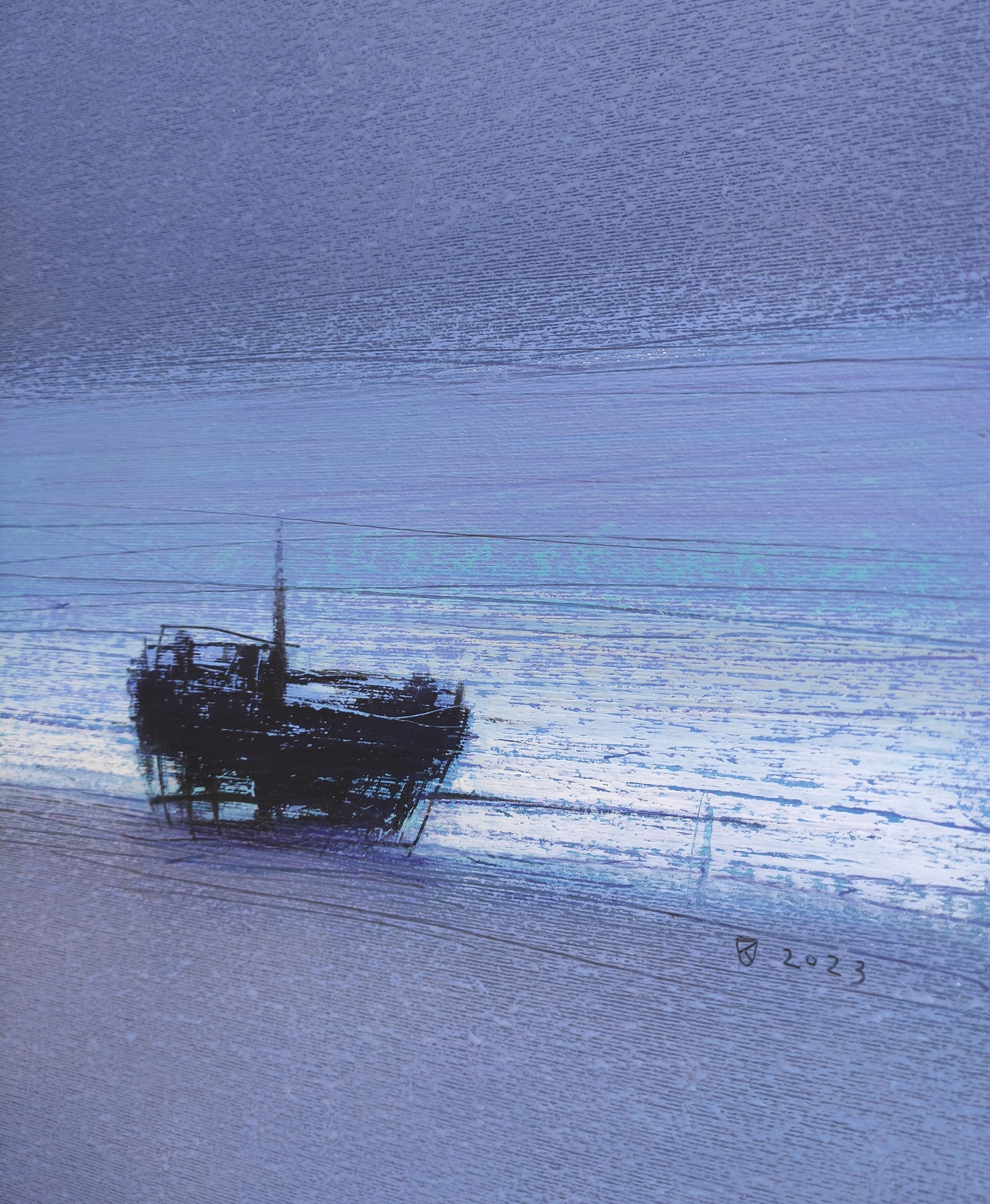 Schiffswrack 2 (Blau) - Contemporary Atmospheric Sea Landscape Ölpastellgemälde (Zeitgenössisch), Art, von Janusz Kokot
