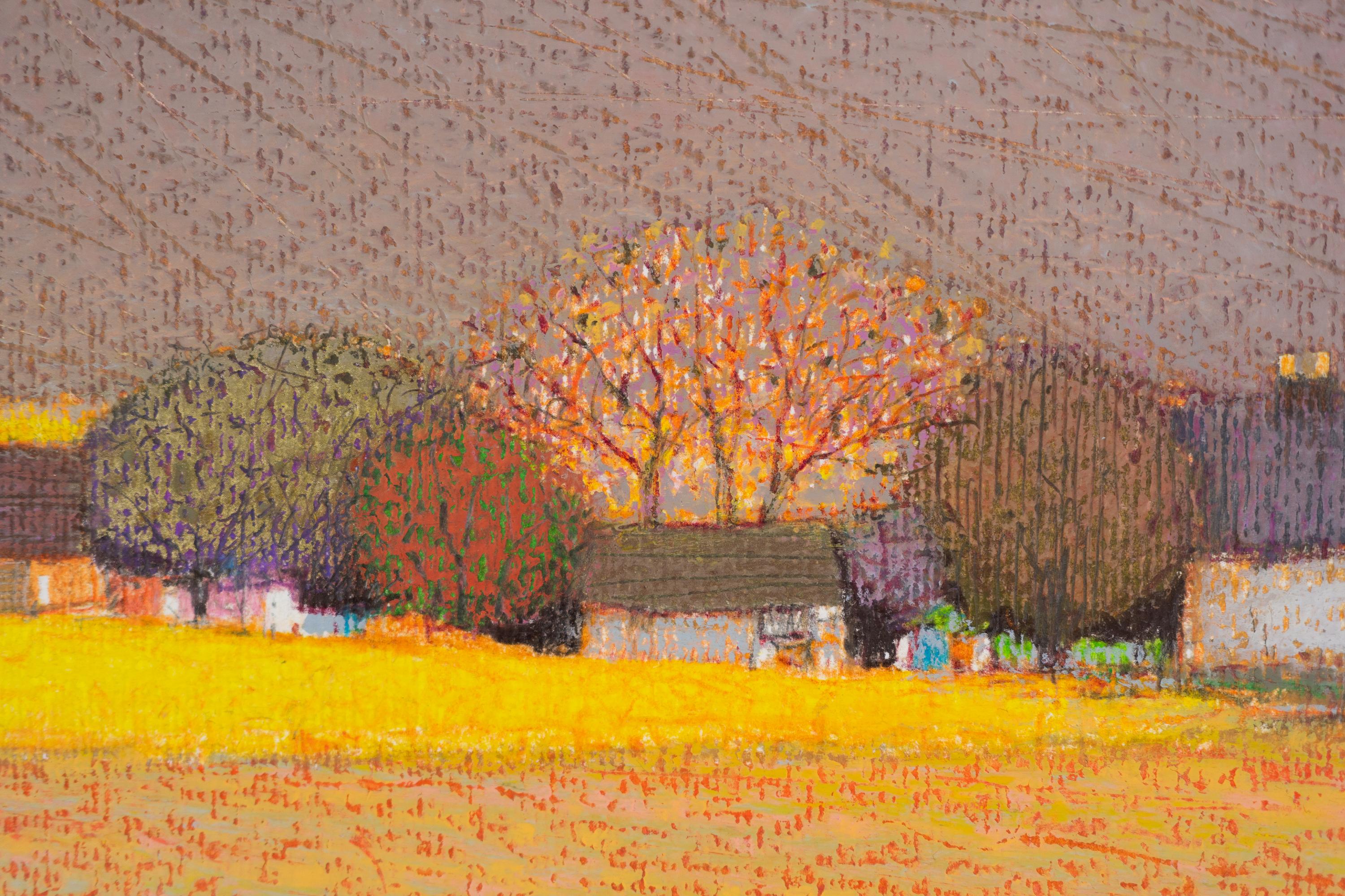 PAESE 1  - Paesaggio contemporaneo pastello a olio  Pittura - Landscape Art Marrone di Janusz Kokot