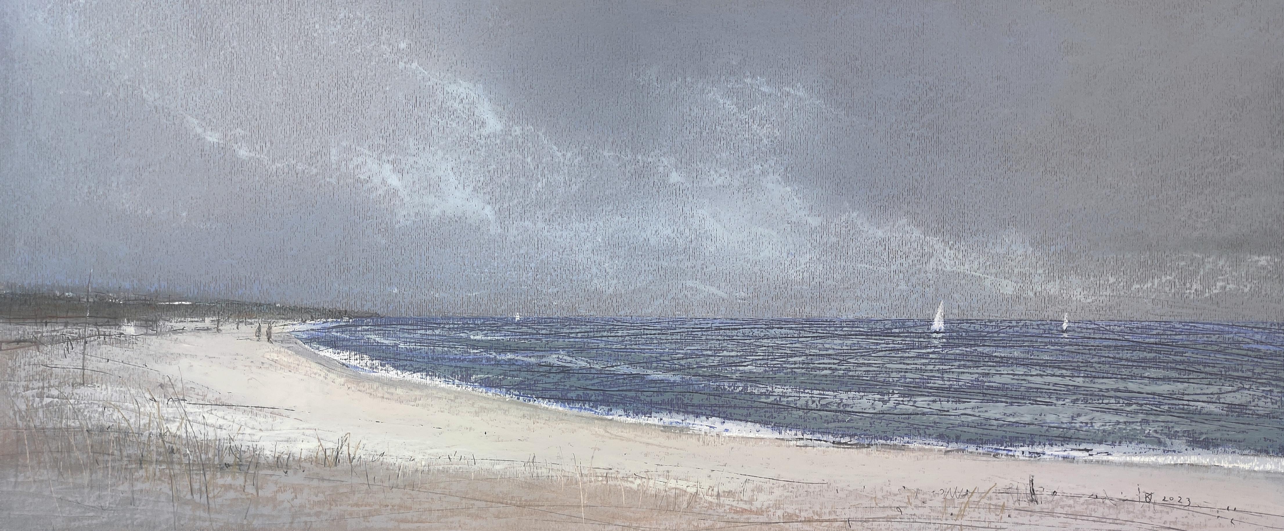 Janusz Kokot Figurative Painting - Three Sails - Contemporary Atmospheric Sea Landscape Oil Pastel Painting