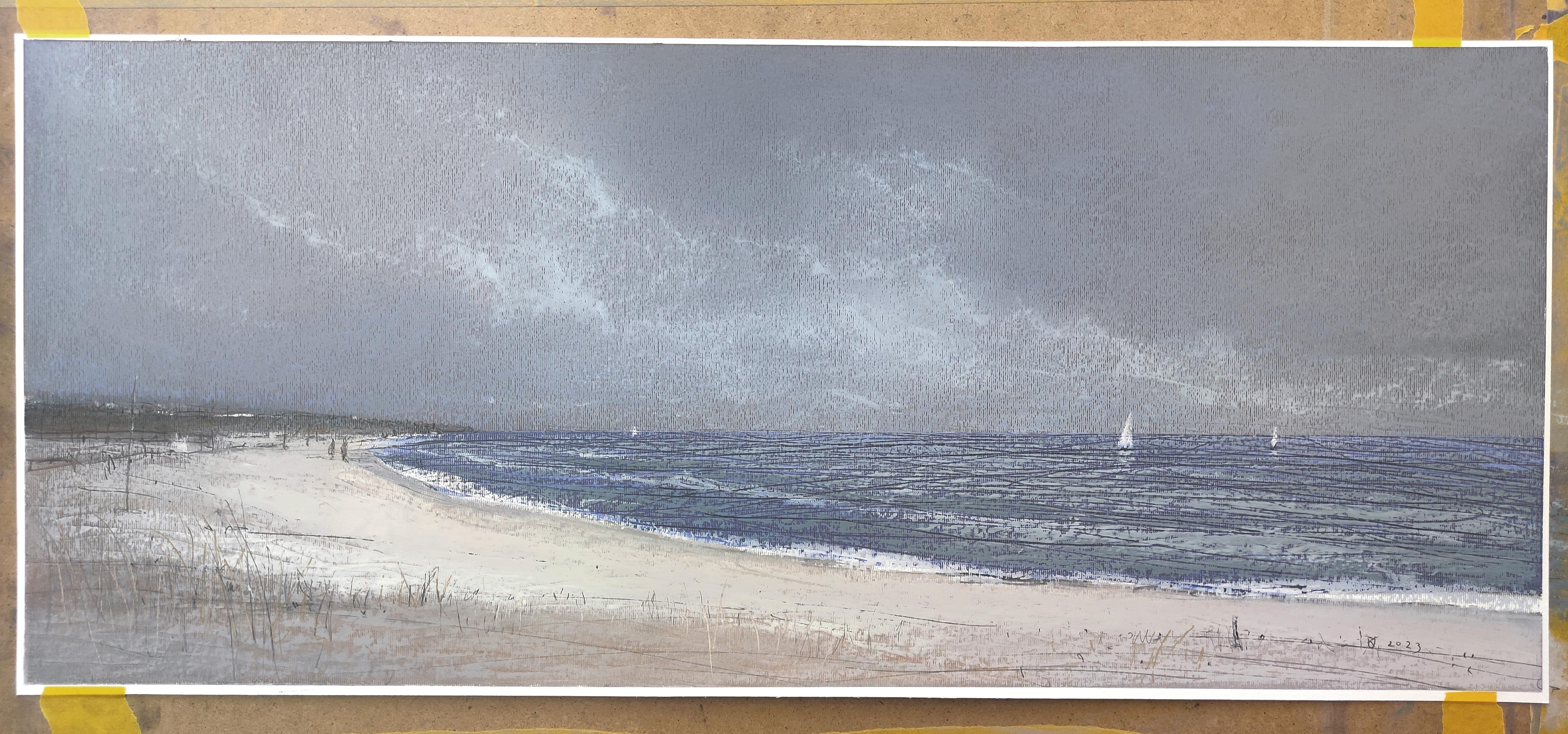Drei Segel - Contemporary Atmospheric Sea Landscape Öl-Pastell-Gemälde – Painting von Janusz Kokot