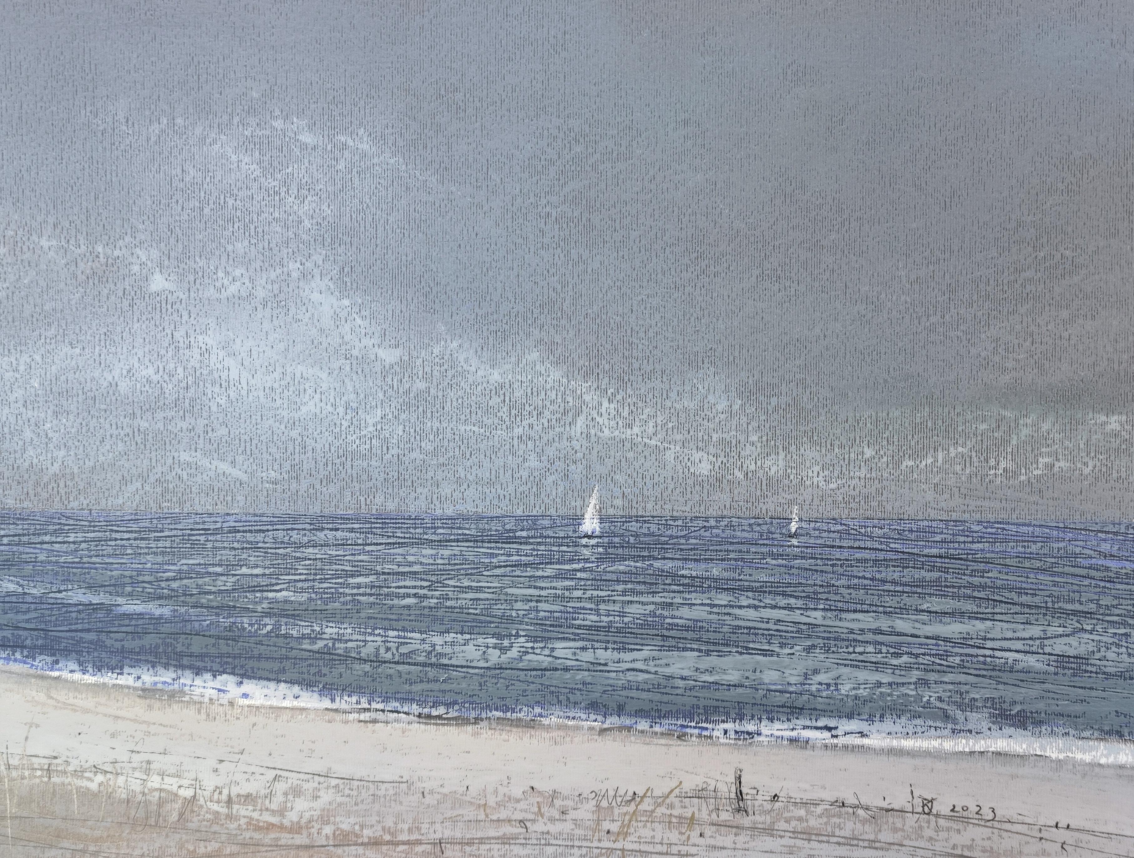 Drei Segel - Contemporary Atmospheric Sea Landscape Öl-Pastell-Gemälde (Zeitgenössisch), Painting, von Janusz Kokot