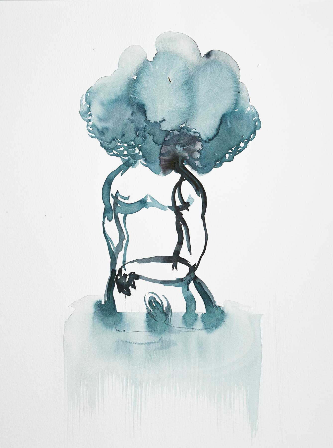 Nude Grazyna Rigall - La tête dans les nuages - Encre figurative contemporaine  Peinture, nouvelle expression