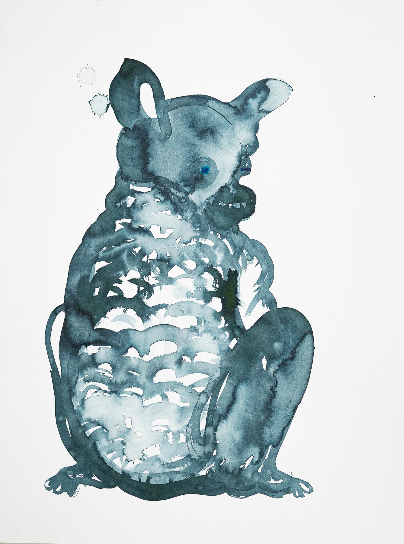 Grazyna Rigall Animal Painting - Waiting Little Dog - Contemporary Figurative Ink  Painting, New Expression