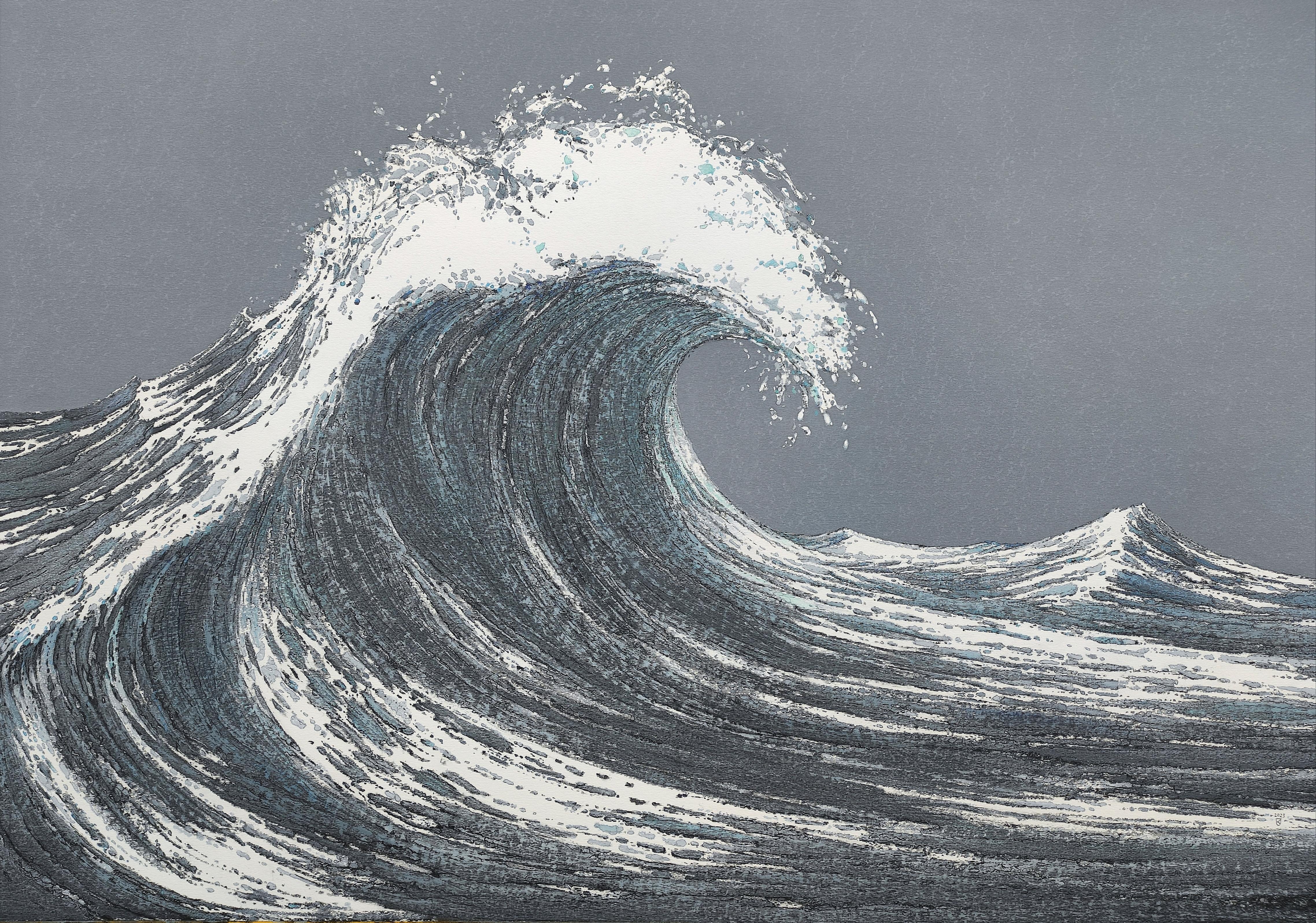 Janusz Kokot Landscape Art - The  Wave - Contemporary Atmospheric Sea Landscape Oil Pastel Painting