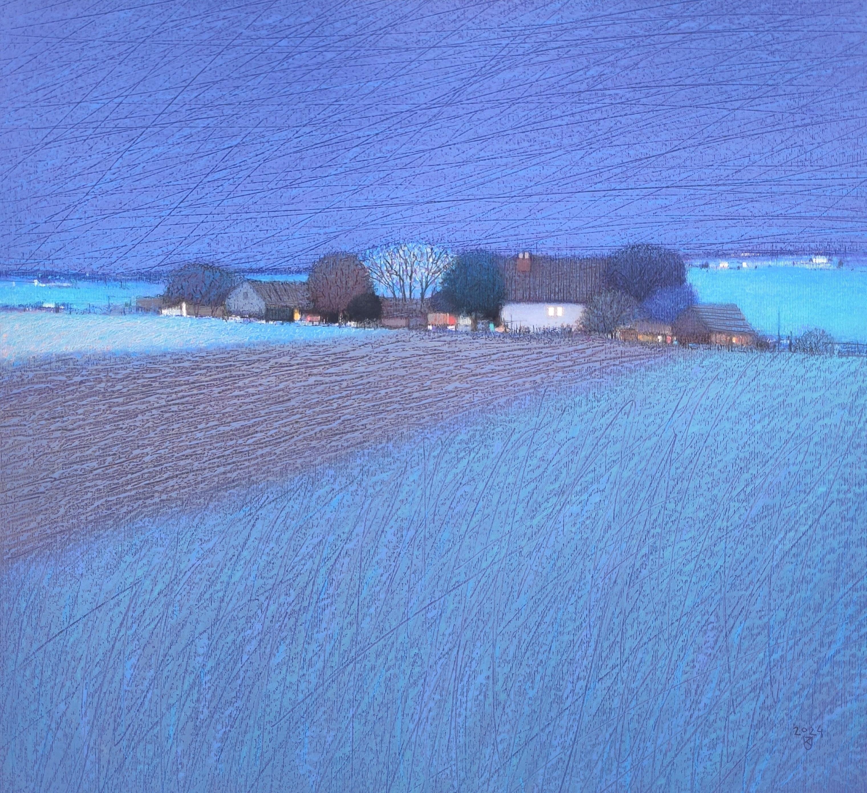COUNTRYSIDE Night 2  - Contemporary Landscape Oil Pastel Painting For Sale 2