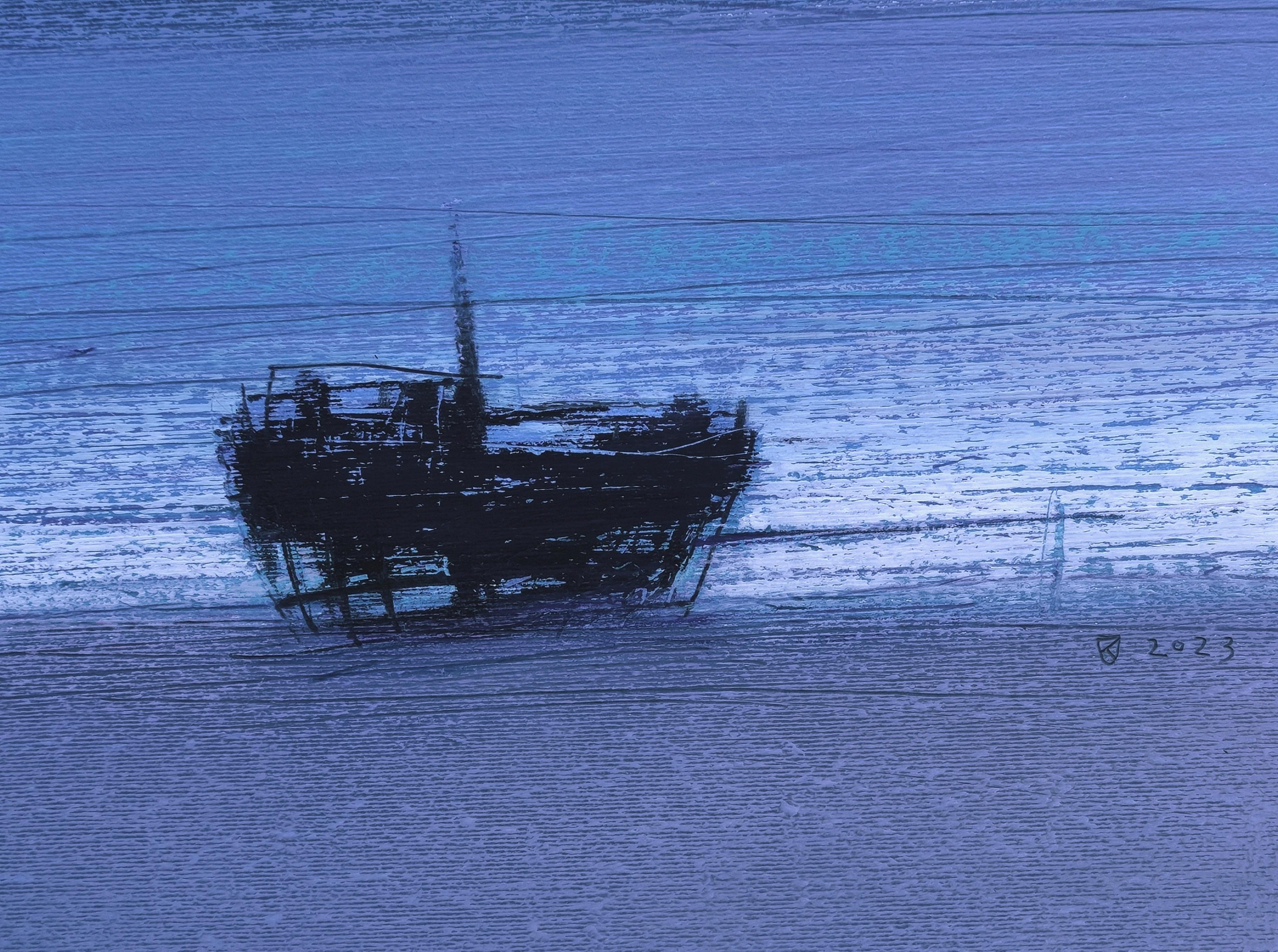 Naufrage 2 (bleu) - Peinture pastel à l'huile contemporaine d'ambiance paysage de mer - Violet Figurative Painting par Janusz Kokot