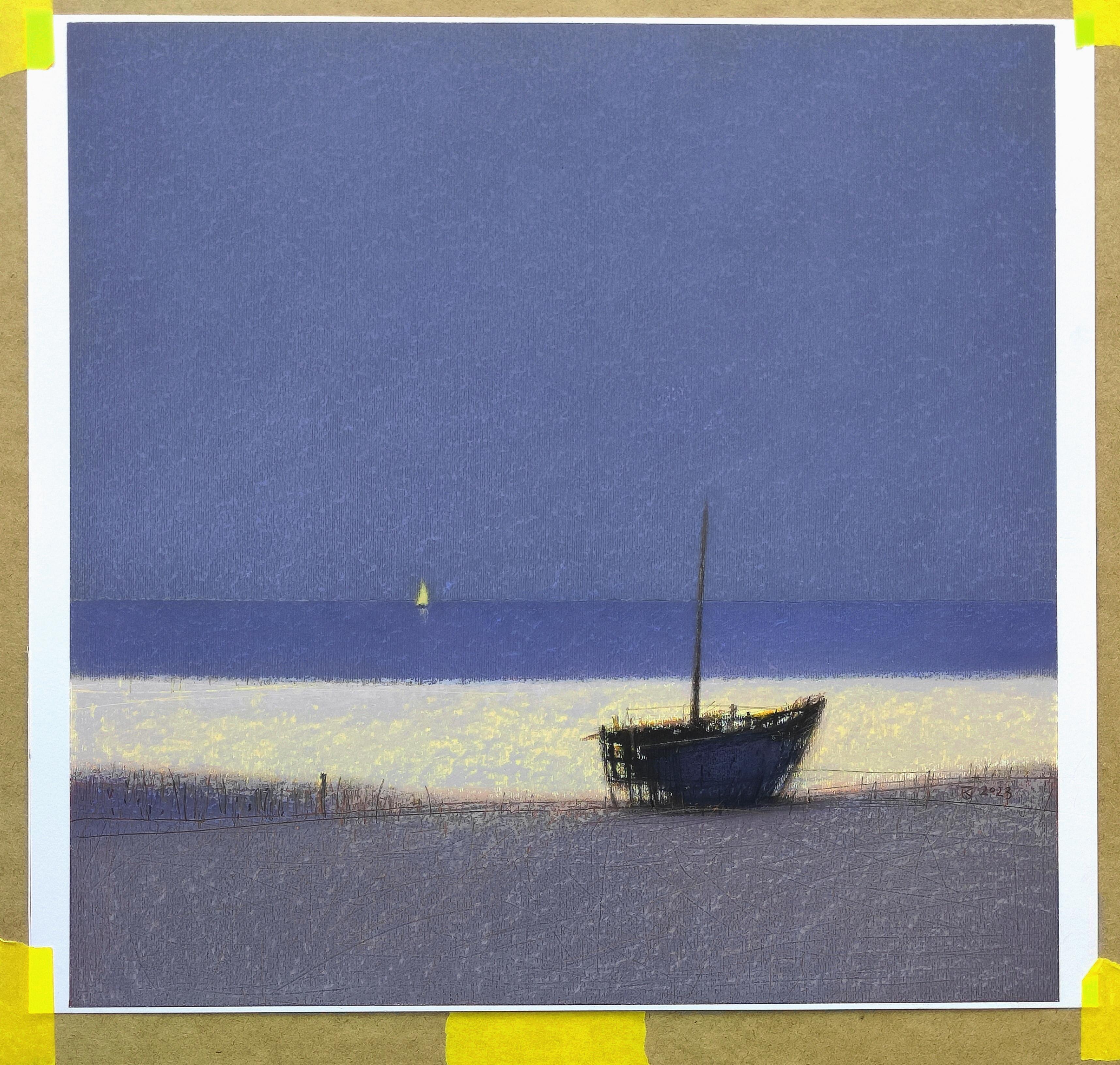 Sea Tale - Contemporary Atmospheric Landscape Oil Pastel Painting (Violett), Figurative Painting, von Janusz Kokot