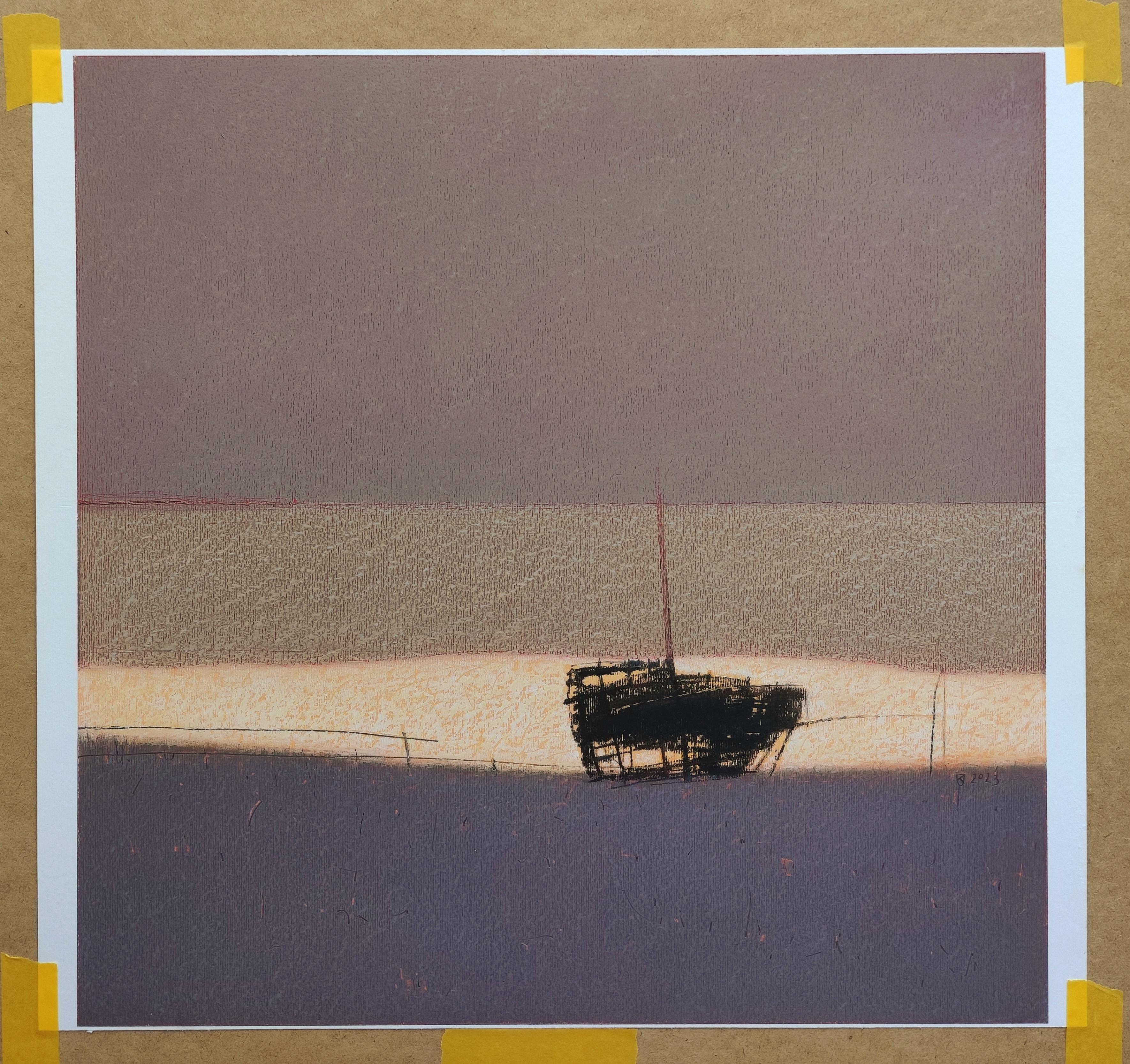 Ship Wreck 1 (Warm) - Contemporary Atmospheric Sea Landscape Oil Pastel Painting (peinture pastel à l'huile) - Gris Figurative Painting par Janusz Kokot