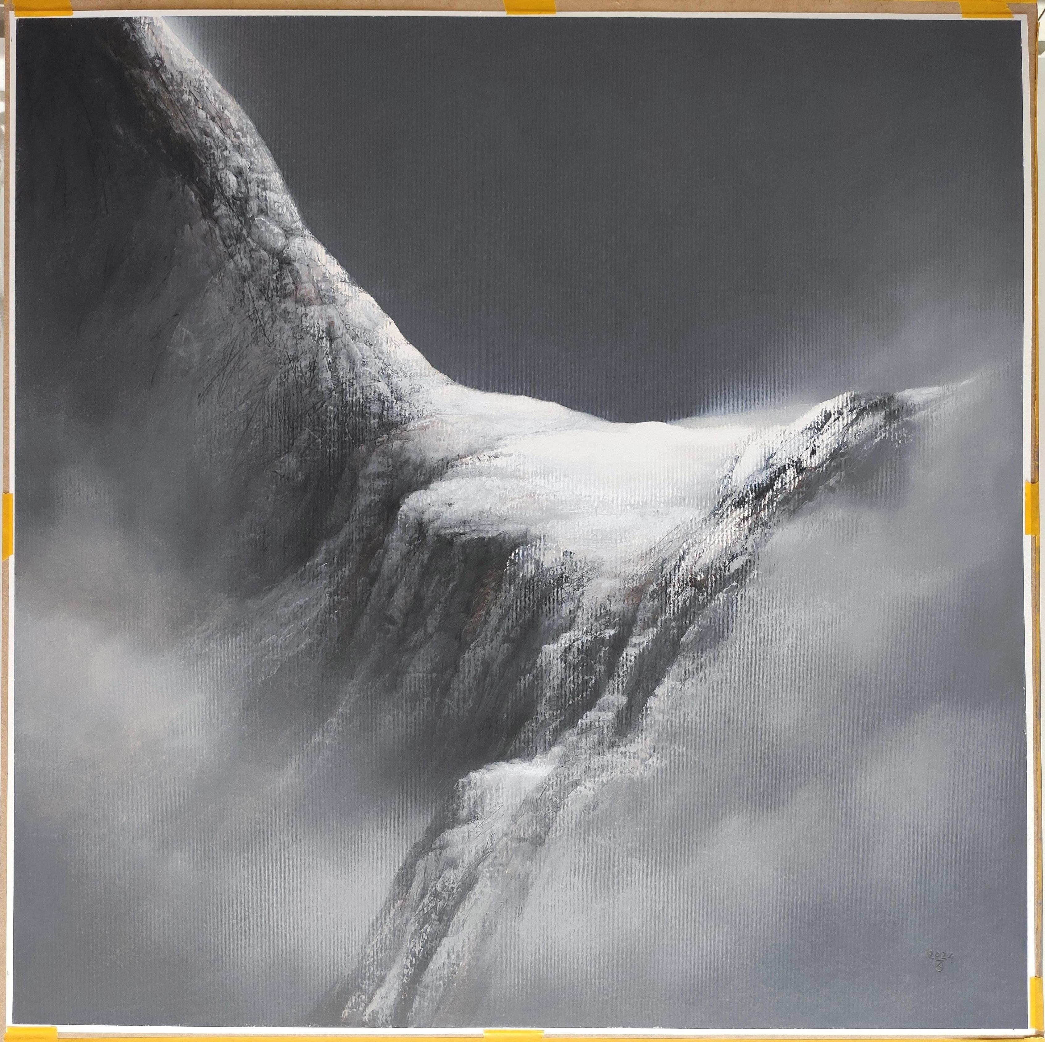 Where Eagles Dare - Peinture à l'huile au pastel, paysage atmosphérique moderne de montagnes - Painting de Janusz Kokot