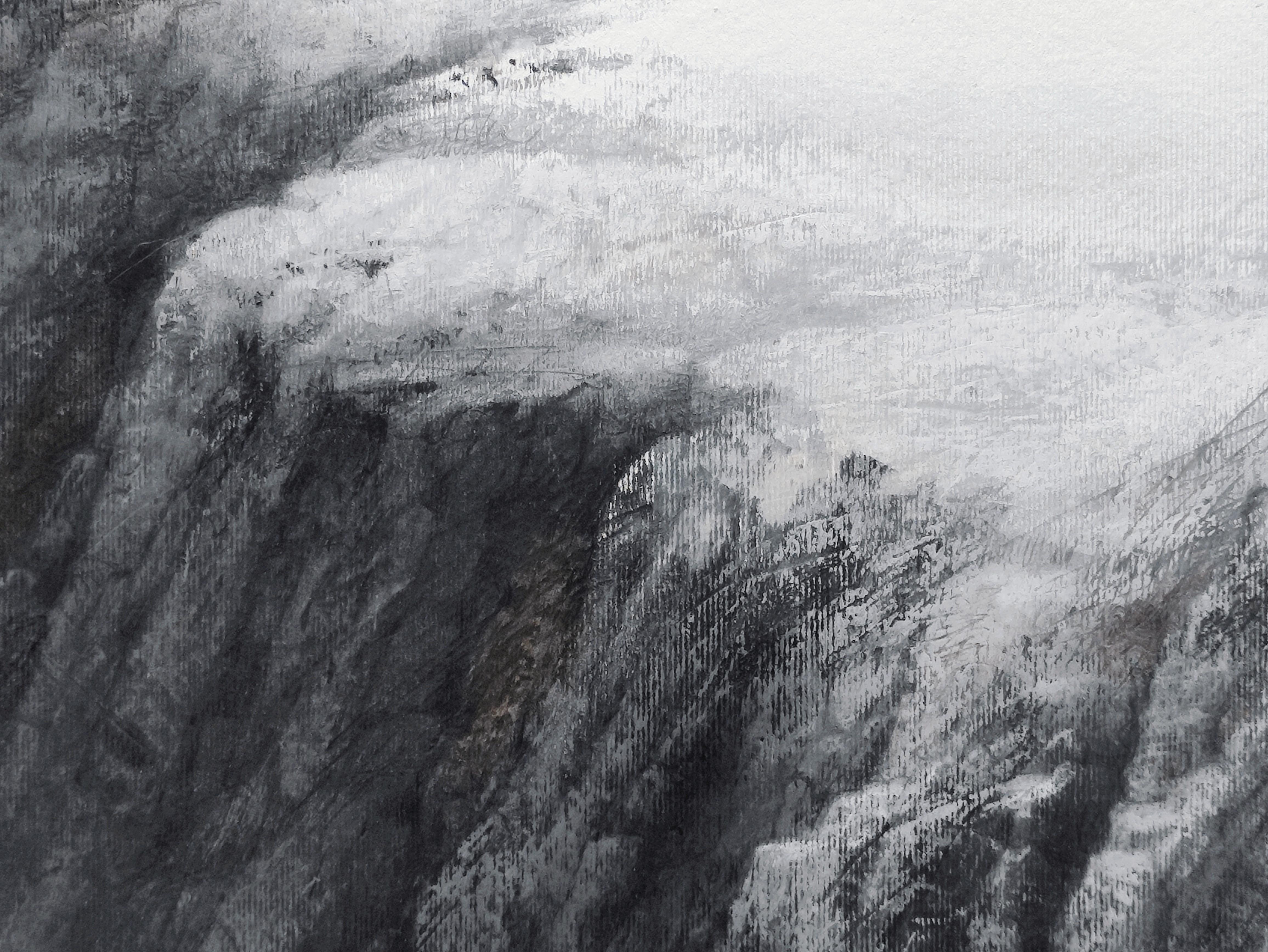 Where Eagles Dare - Peinture à l'huile au pastel, paysage atmosphérique moderne de montagnes - Gris Figurative Painting par Janusz Kokot