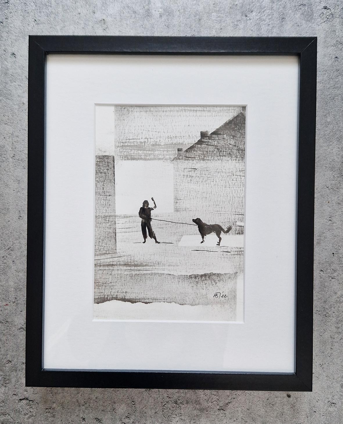 Frau mit einem  Hund - Moderne figurative Natur- und Landschaftszeichnung – Art von Hanna Banaszczyk