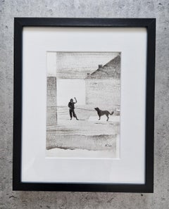 Woman With A  Dog - Modern Figurative Nature and Landscape Drawing