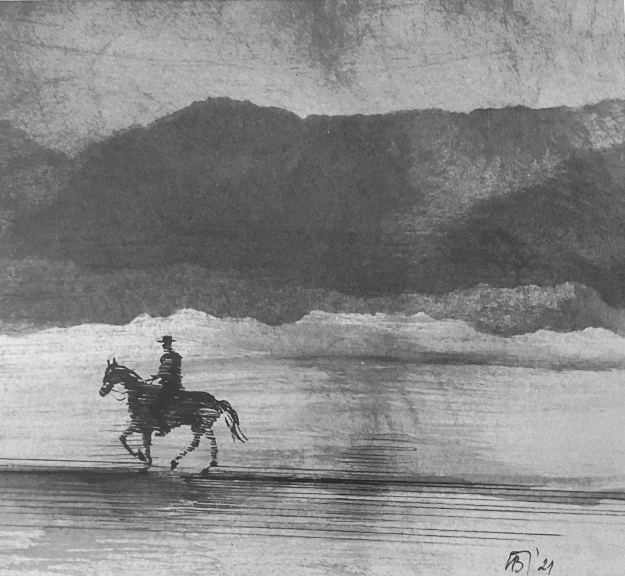 Reiter auf einem Pferd -  Moderne figurative Natur- und Landschaftszeichnung (Zeitgenössisch), Art, von Hanna Banaszczyk
