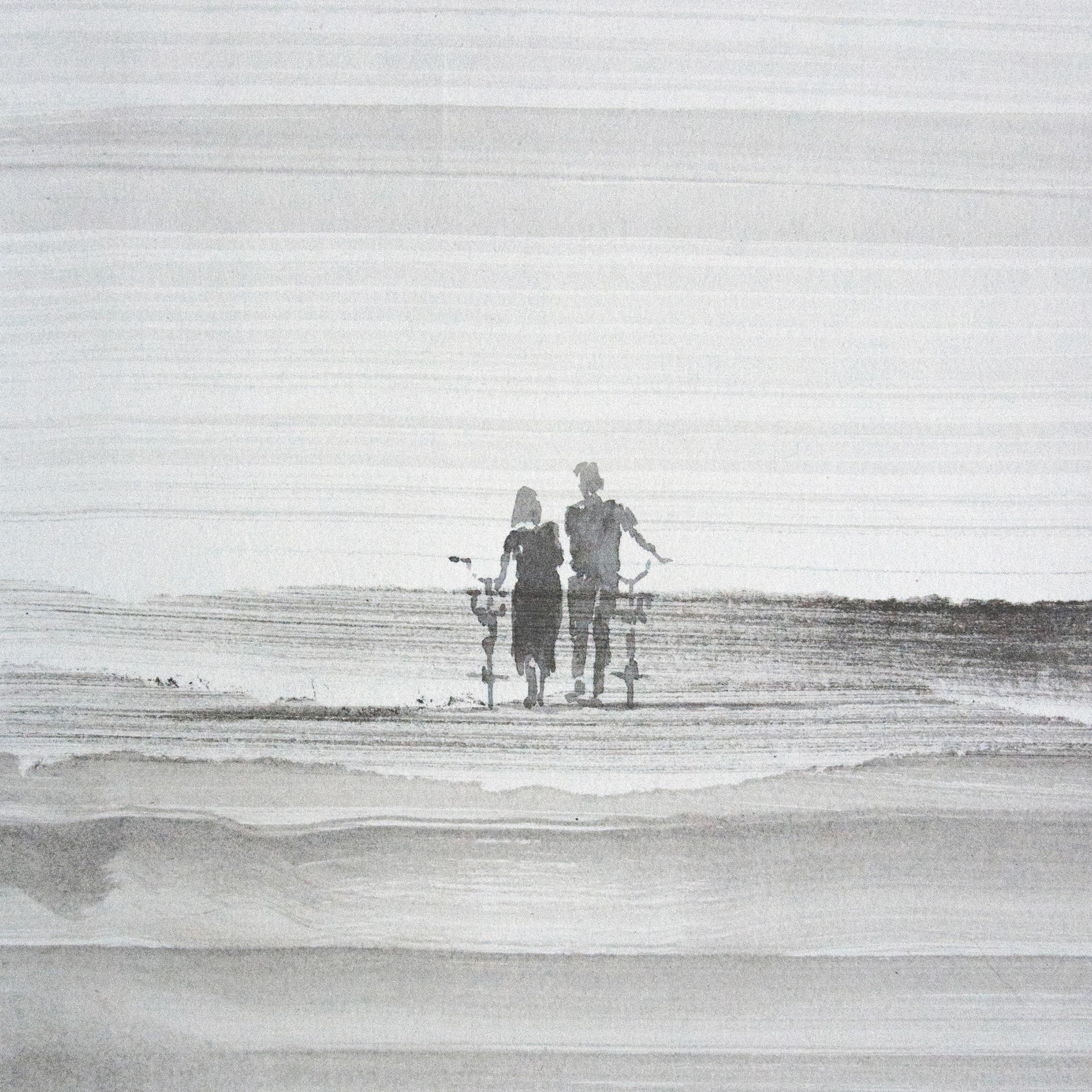 Trip - A couple with bicycles - Modern Figurative Nature and Landscape Drawing