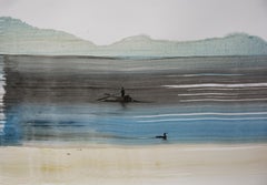 Serenidad, en la playa - Dibujo figurativo moderno de naturaleza y paisaje