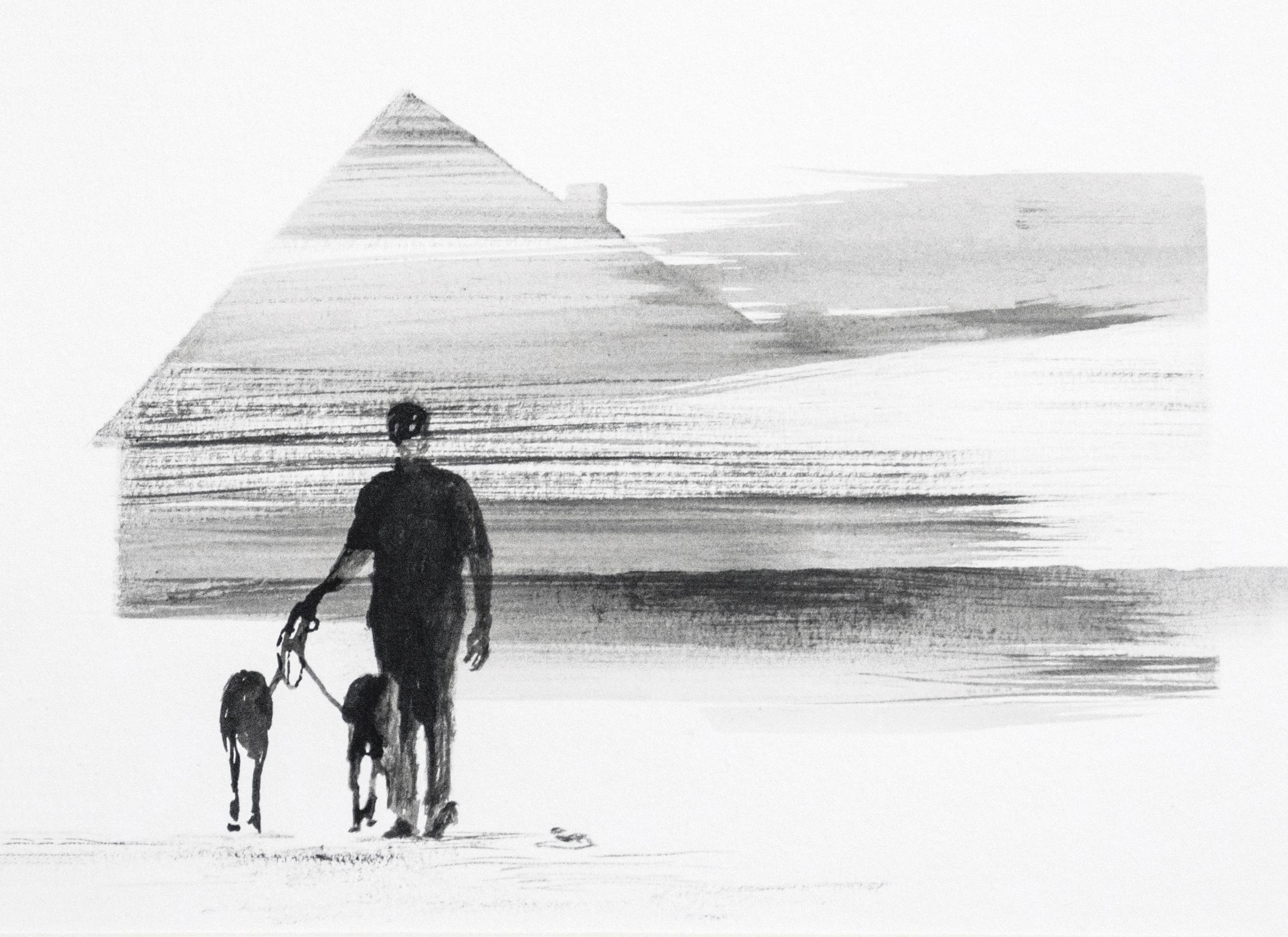 Le retour 4,  Man with 2 chiens  The Moderns Figurative Nature and Landscape Drawing (Dessin figuratif moderne de la nature et du paysage)