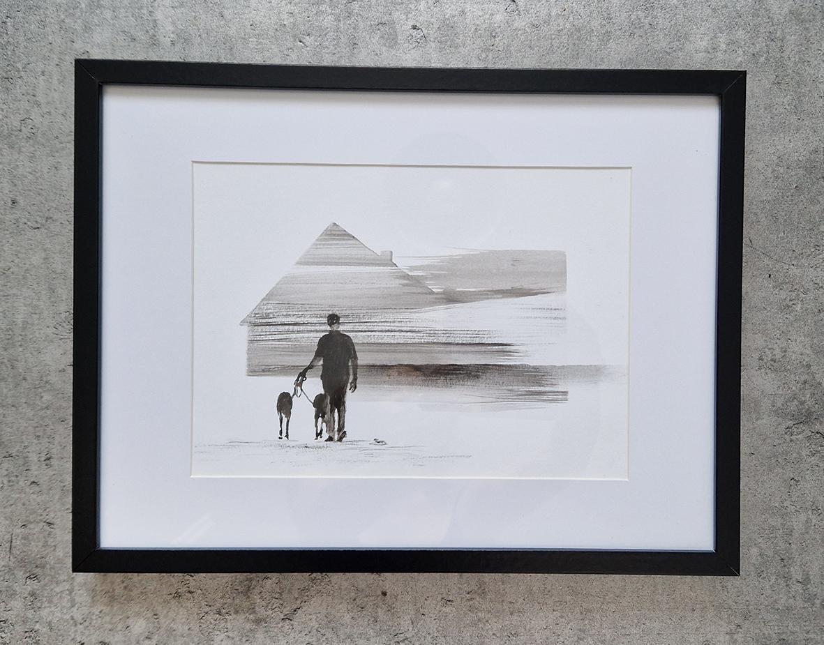 Regreso a casa 4,  Hombre con 2 perros -  Dibujo Figurativo Moderno de Naturaleza y Paisaje - Art de Hanna Banaszczyk