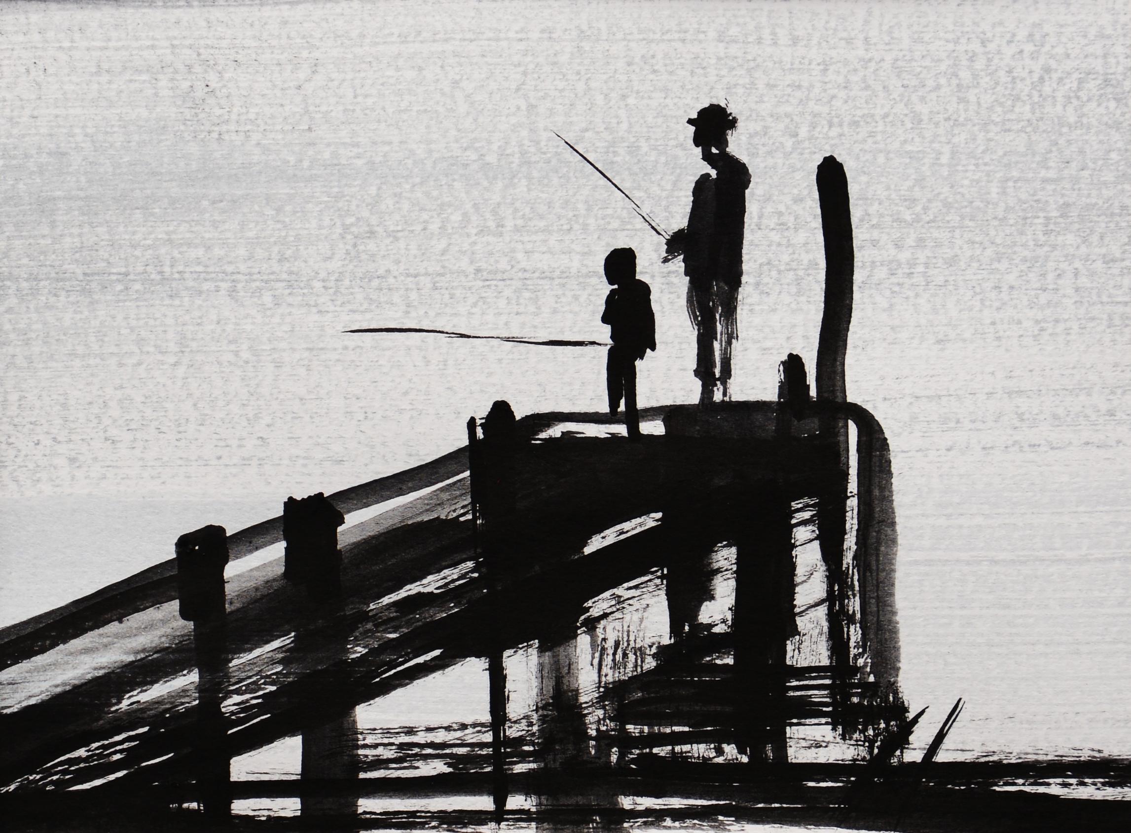 On The Jetty  ( Fishing ) - Modern Figurative Nature and Landscape Drawing