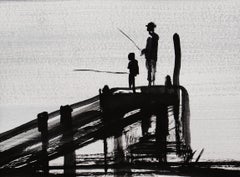 On The Jetty  ( Fishing ) - Modern Figurative Nature and Landscape Drawing