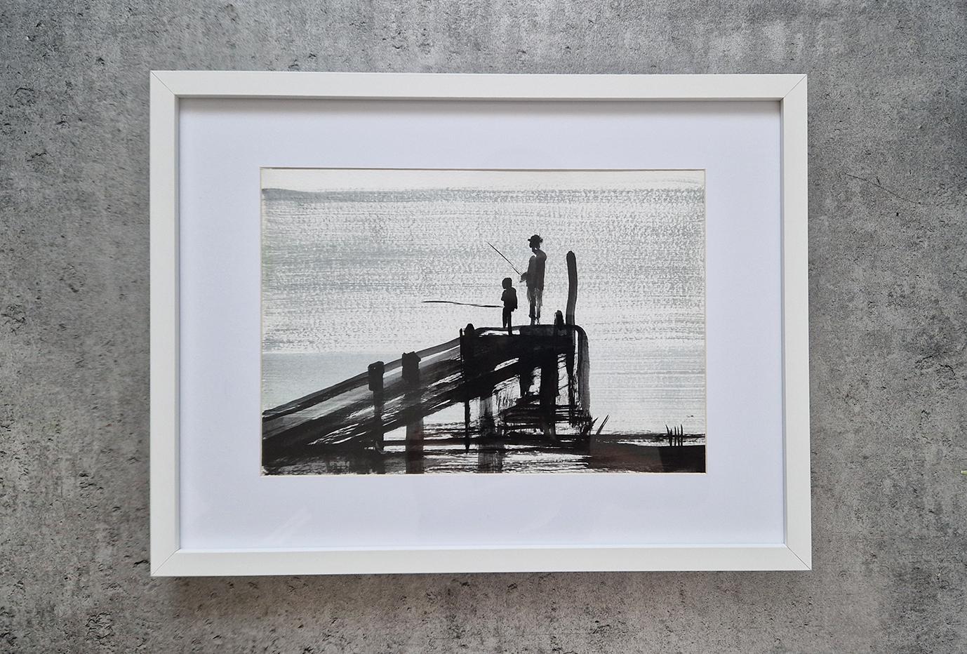 On The Jetty  ( Fishing ) - Modern Figurative Nature and Landscape Drawing - Art by Hanna Banaszczyk