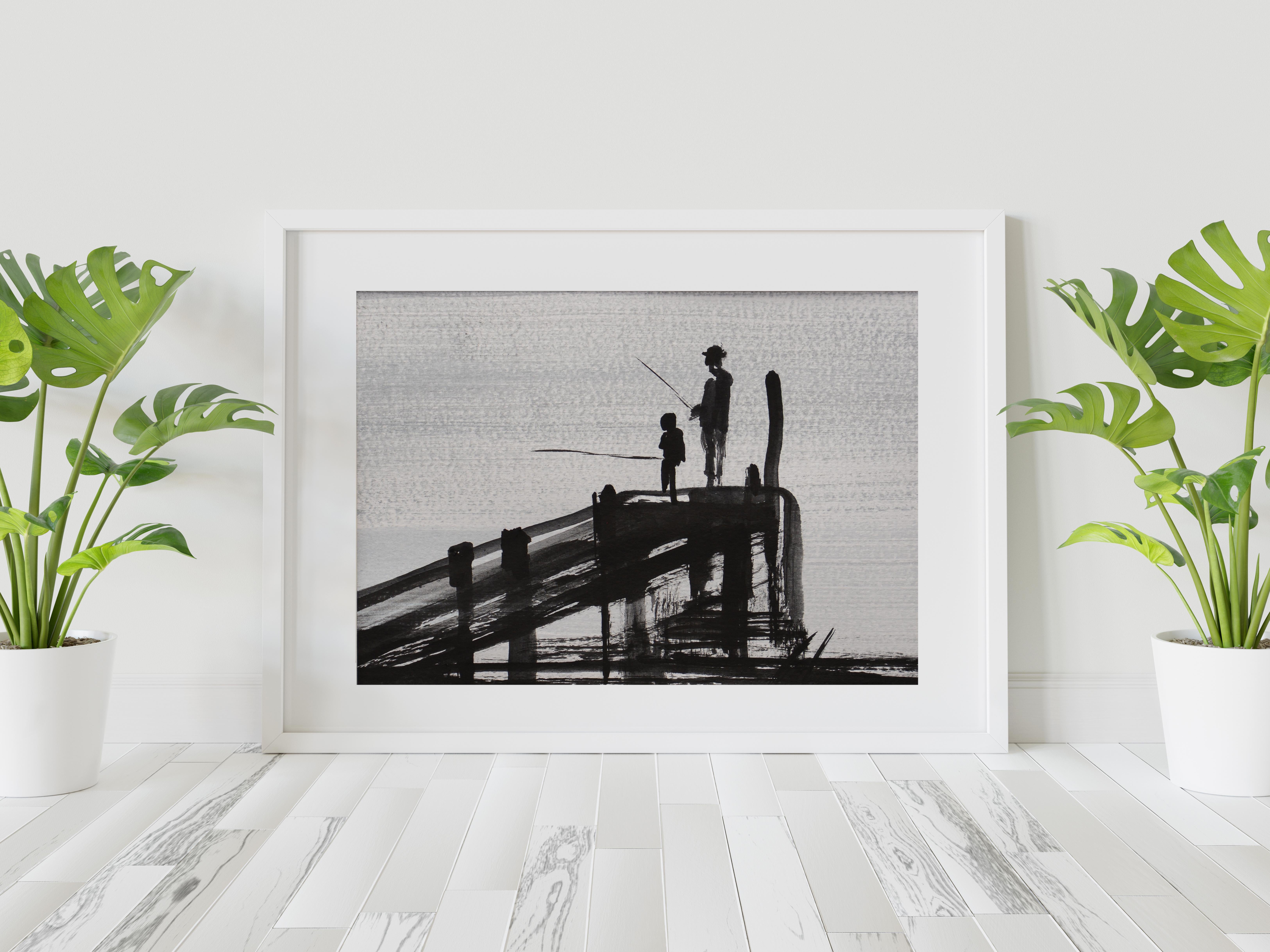 On The Jetty  ( Fishing ) - Modern Figurative Nature and Landscape Drawing - Contemporary Art by Hanna Banaszczyk