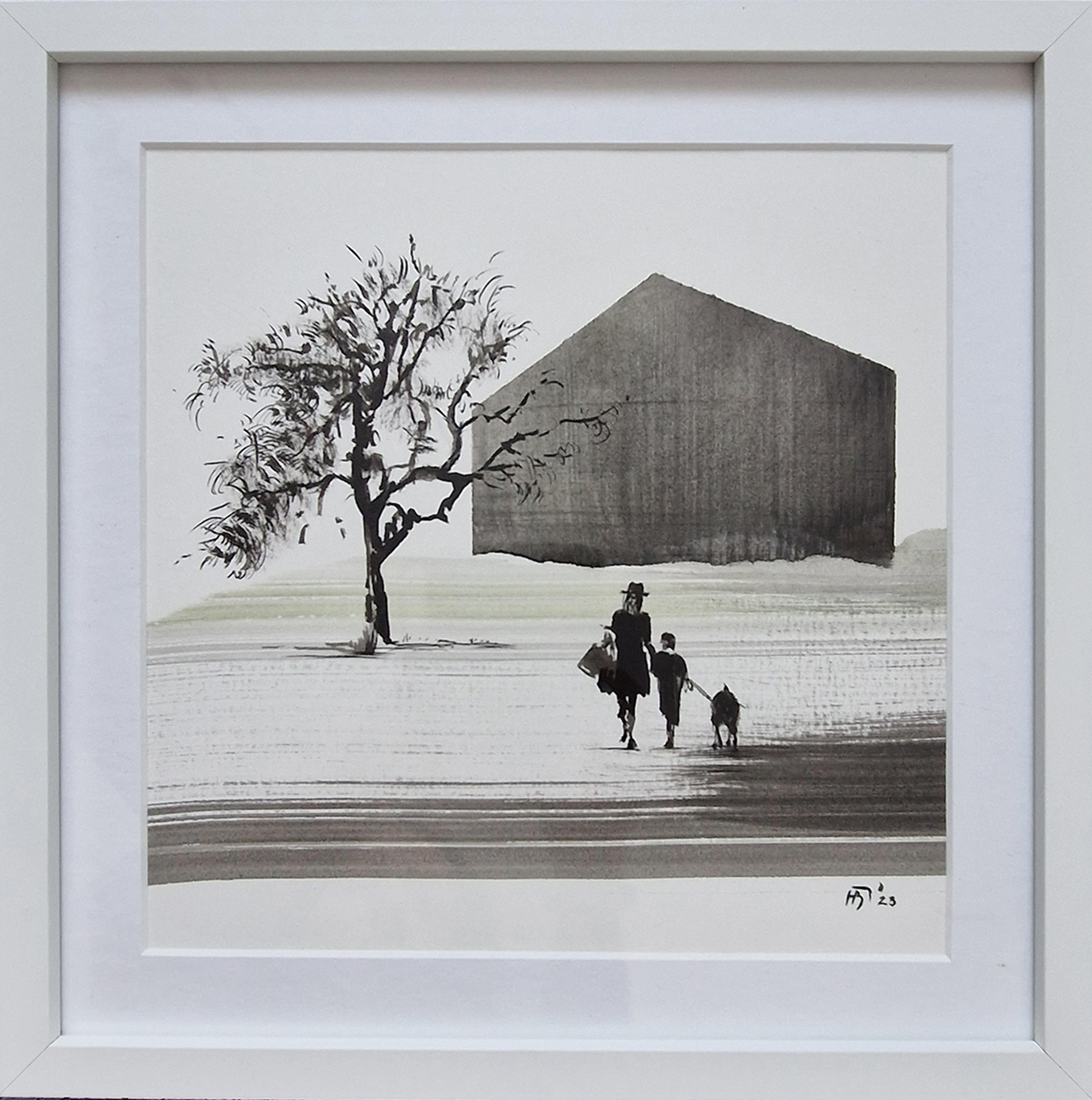 TOGETHER 3 - Moderne figurative Natur- und Landschaftszeichnung, Hund, Mensch – Art von Hanna Banaszczyk