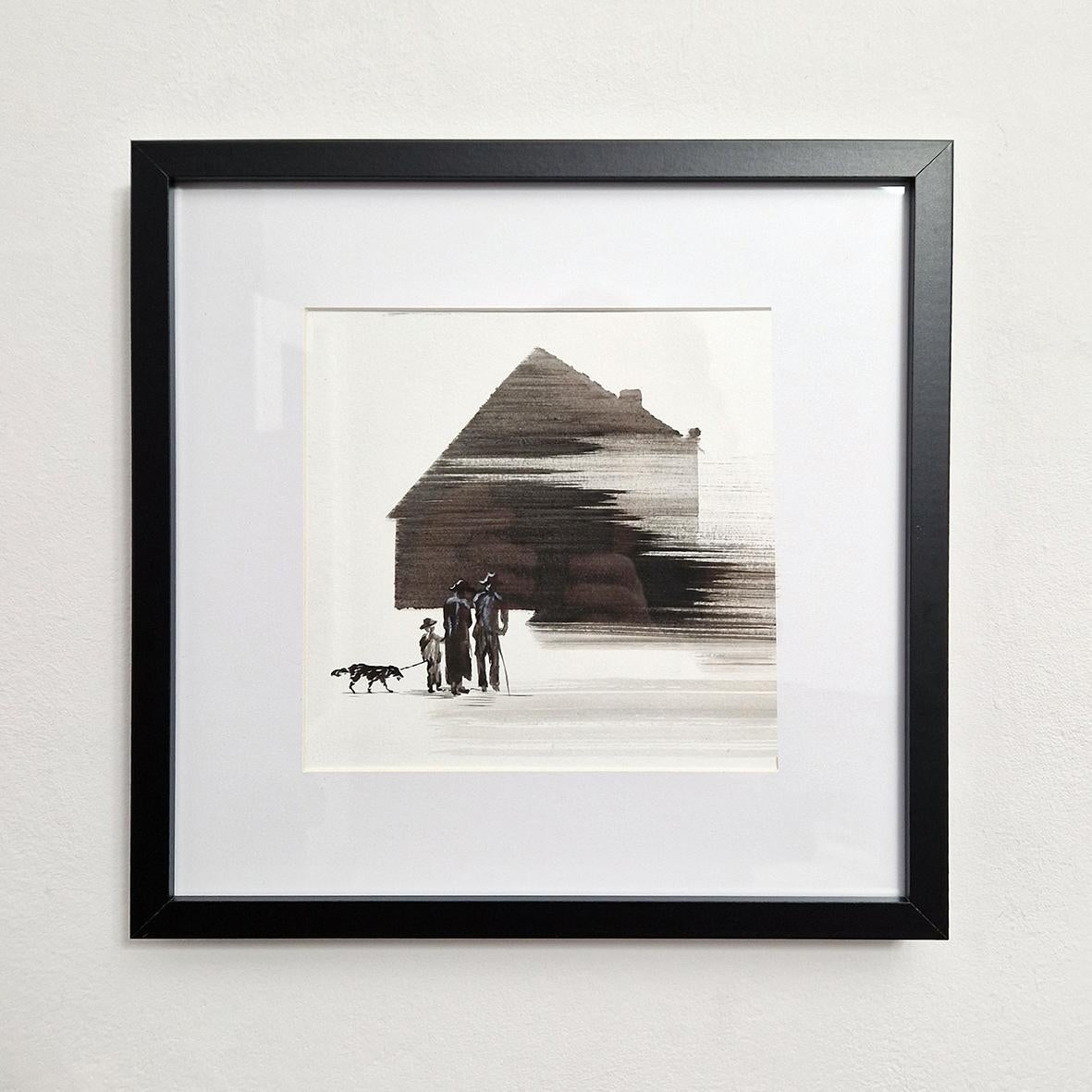 Startseite VI  - Familie mit Hund - Moderne figurative Natur- und Landschaftszeichnung – Art von Hanna Banaszczyk