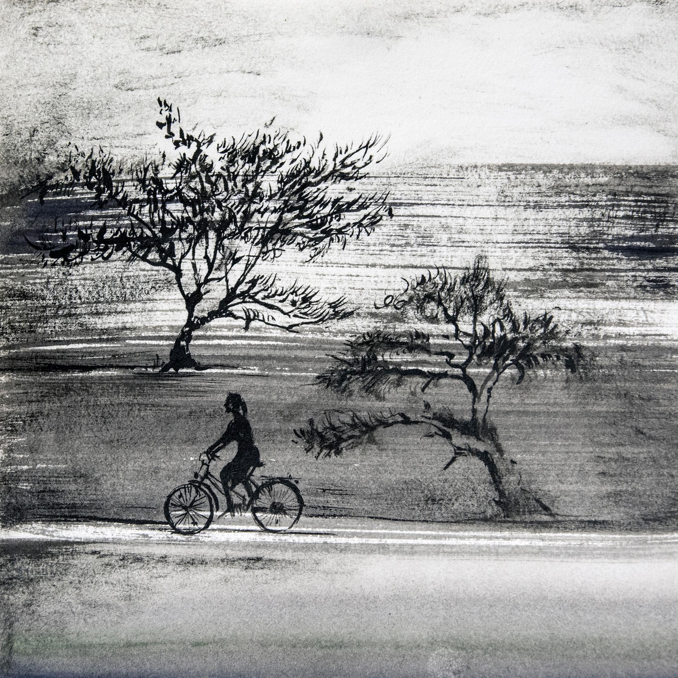 Fahrrad - Moderne figurative Natur- und Landschaftszeichnung