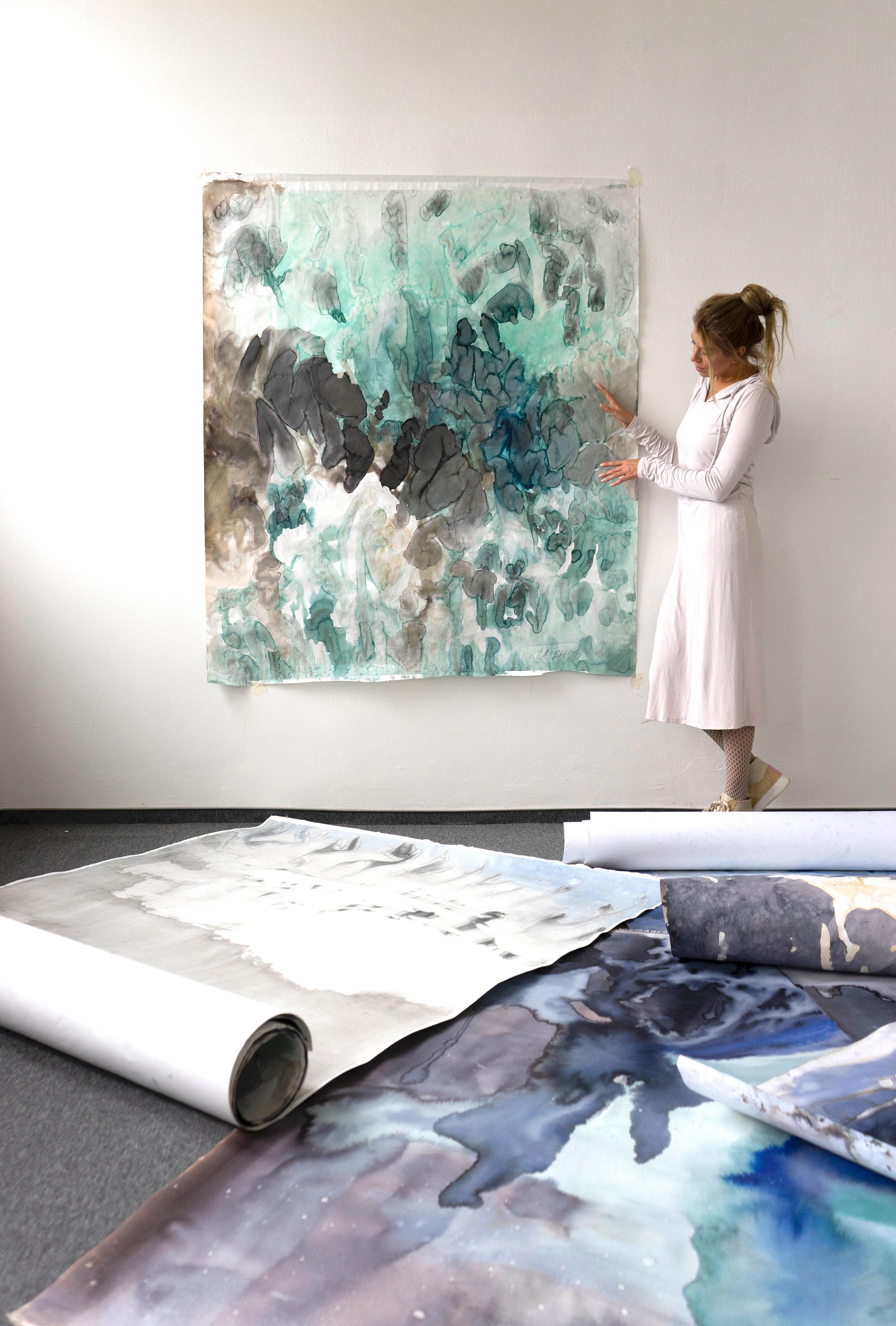 Snowdrops - Contemporary Plants and Flowers  Large Format Painting - Gray Abstract Painting by Aleksandra Batura