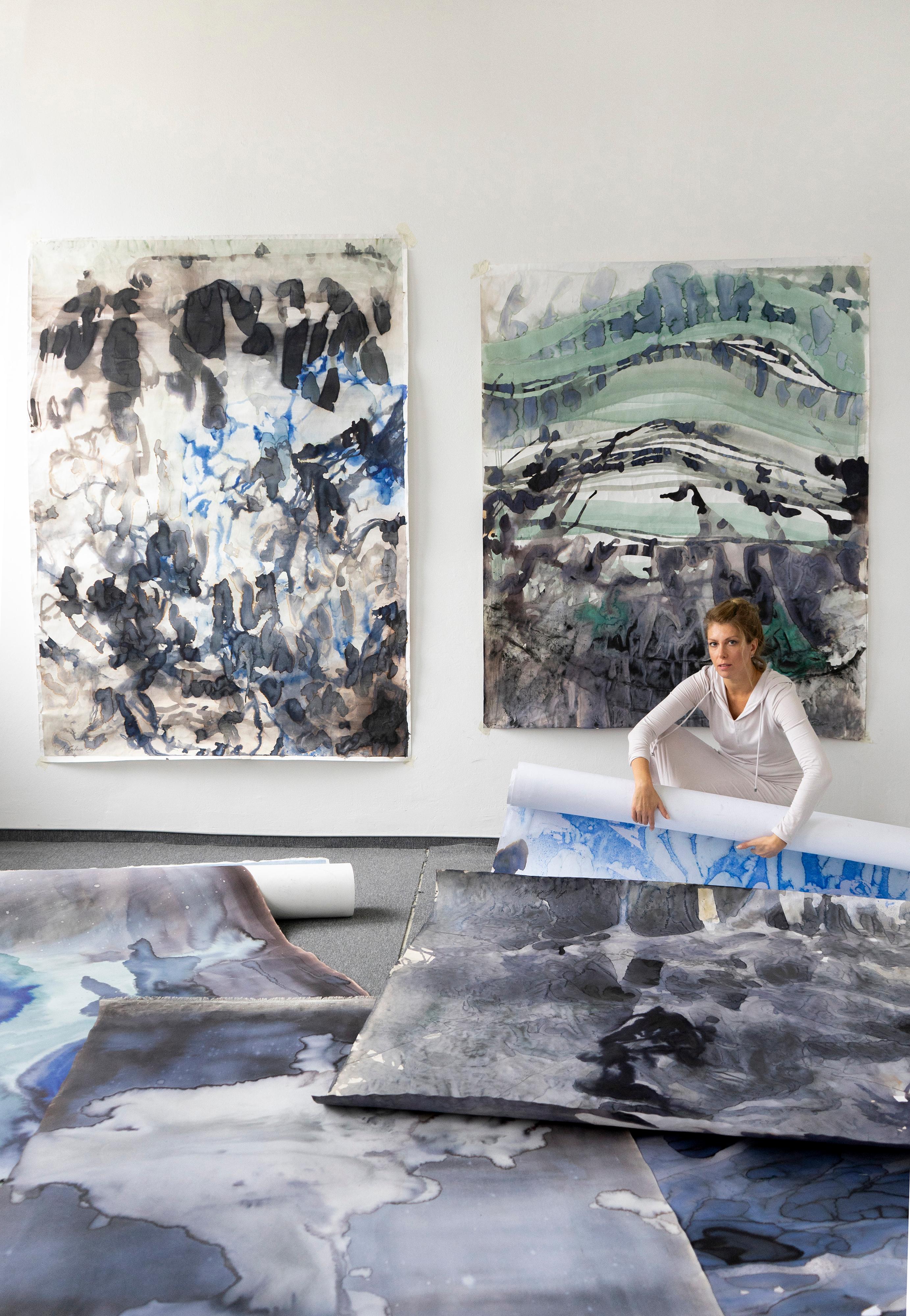 Wawes - Quadro di grande formato con paesaggio marino contemporaneo - Abstract Painting Grigio di Aleksandra Batura