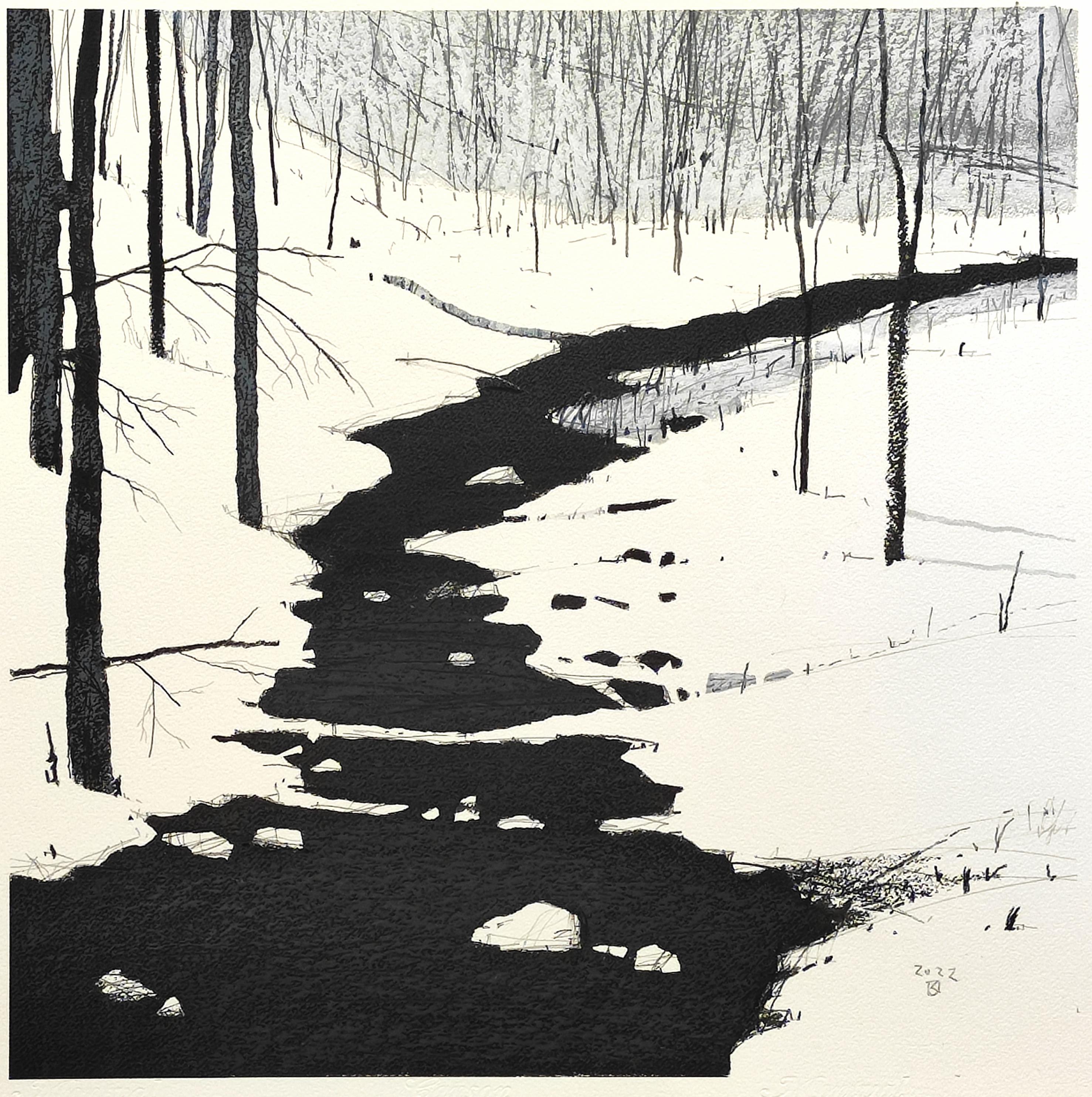 Winter Stream - Zeitgenössische atmosphärische Landschaft Ölpastell  Malerei