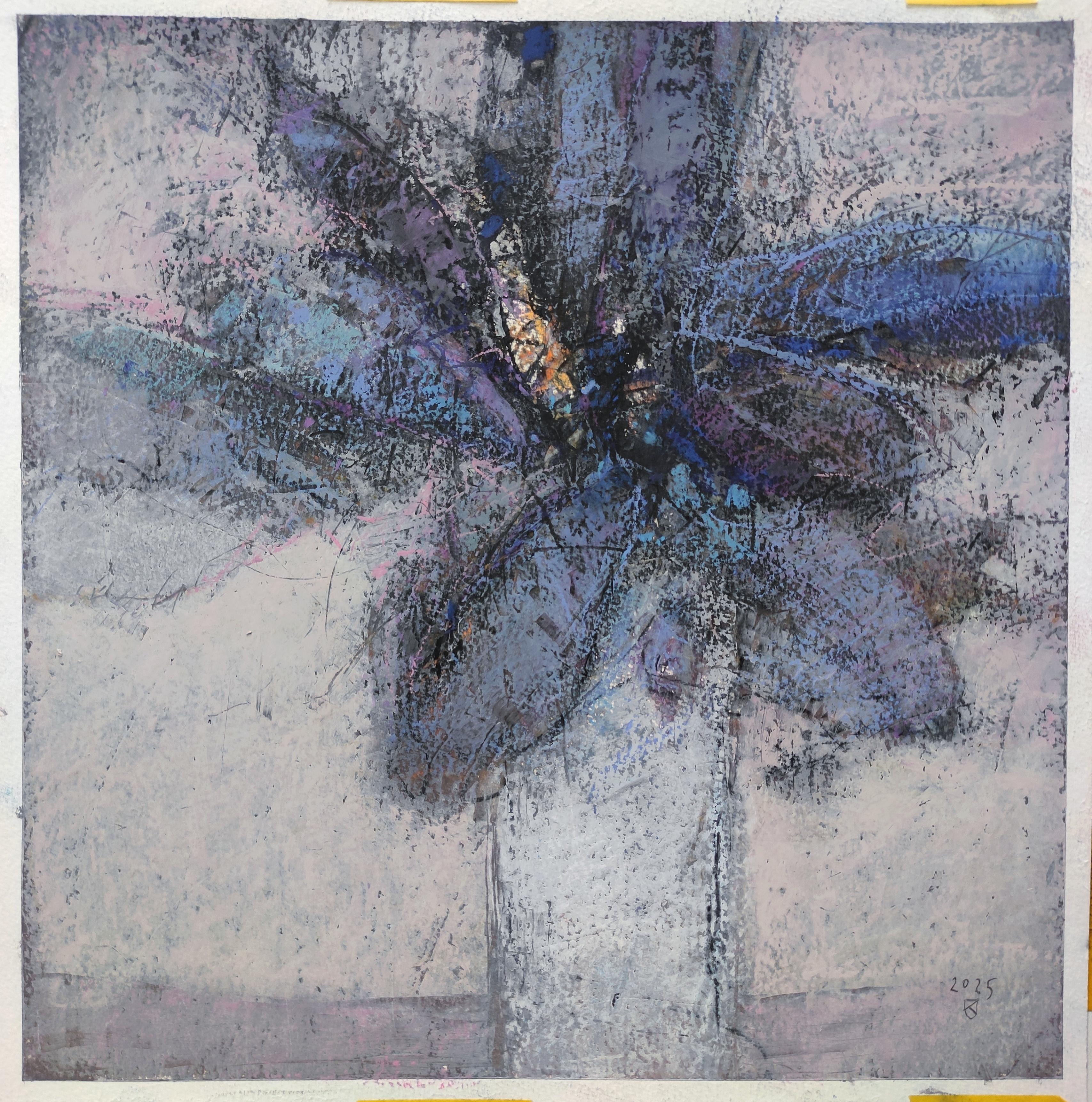 Feuilles bleues - Peinture contemporaine au pastel à l'huile sur les fleurs et la nature - Art de Janusz Kokot