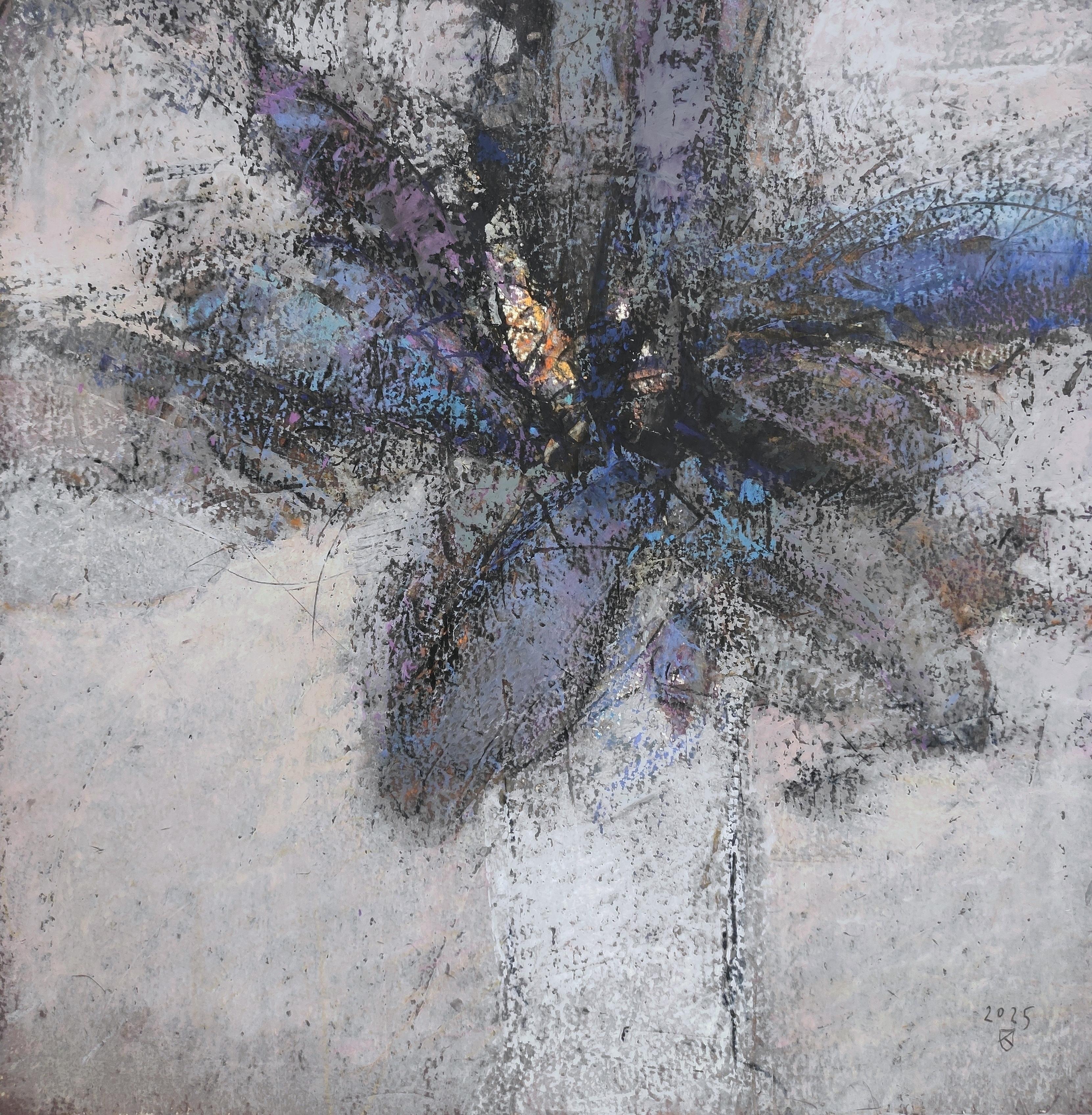 Feuilles bleues - Peinture contemporaine au pastel à l'huile sur les fleurs et la nature - Contemporain Art par Janusz Kokot