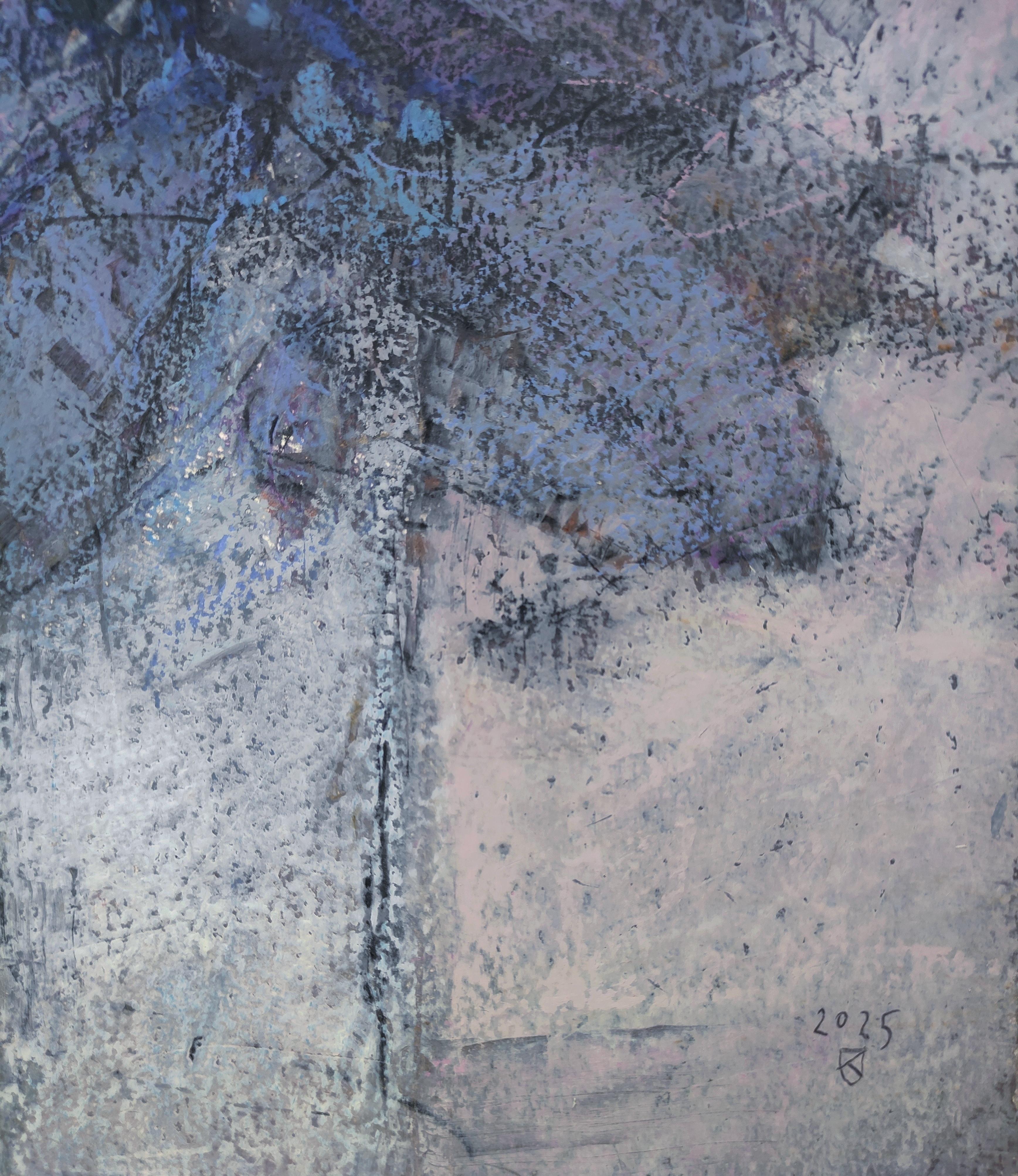 Feuilles bleues - Peinture contemporaine au pastel à l'huile sur les fleurs et la nature en vente 1