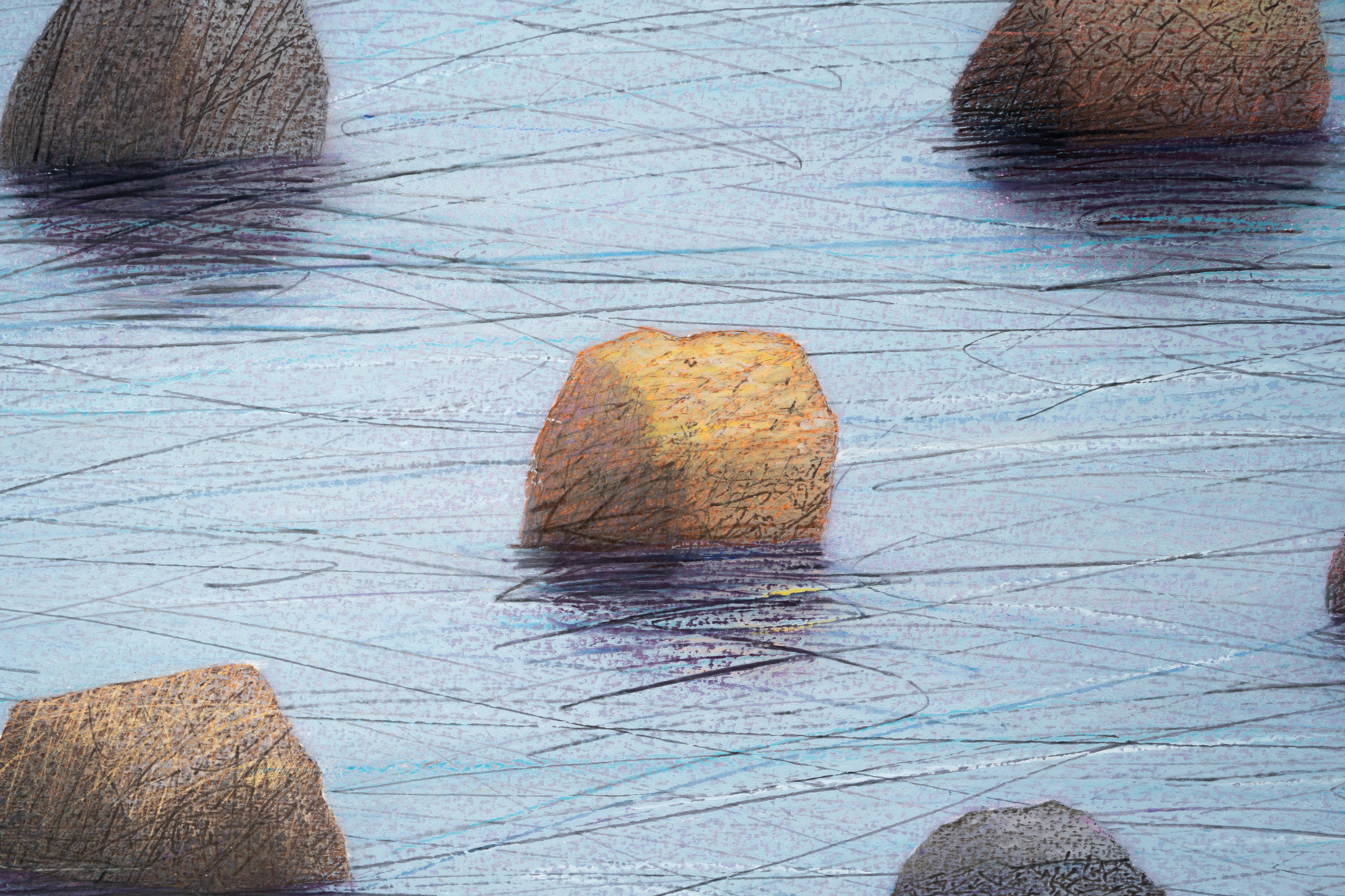 12 pierres - Paysage contemporain Pastel d'huile  Peinture, vue sur l'eau - Contemporain Painting par Janusz Kokot