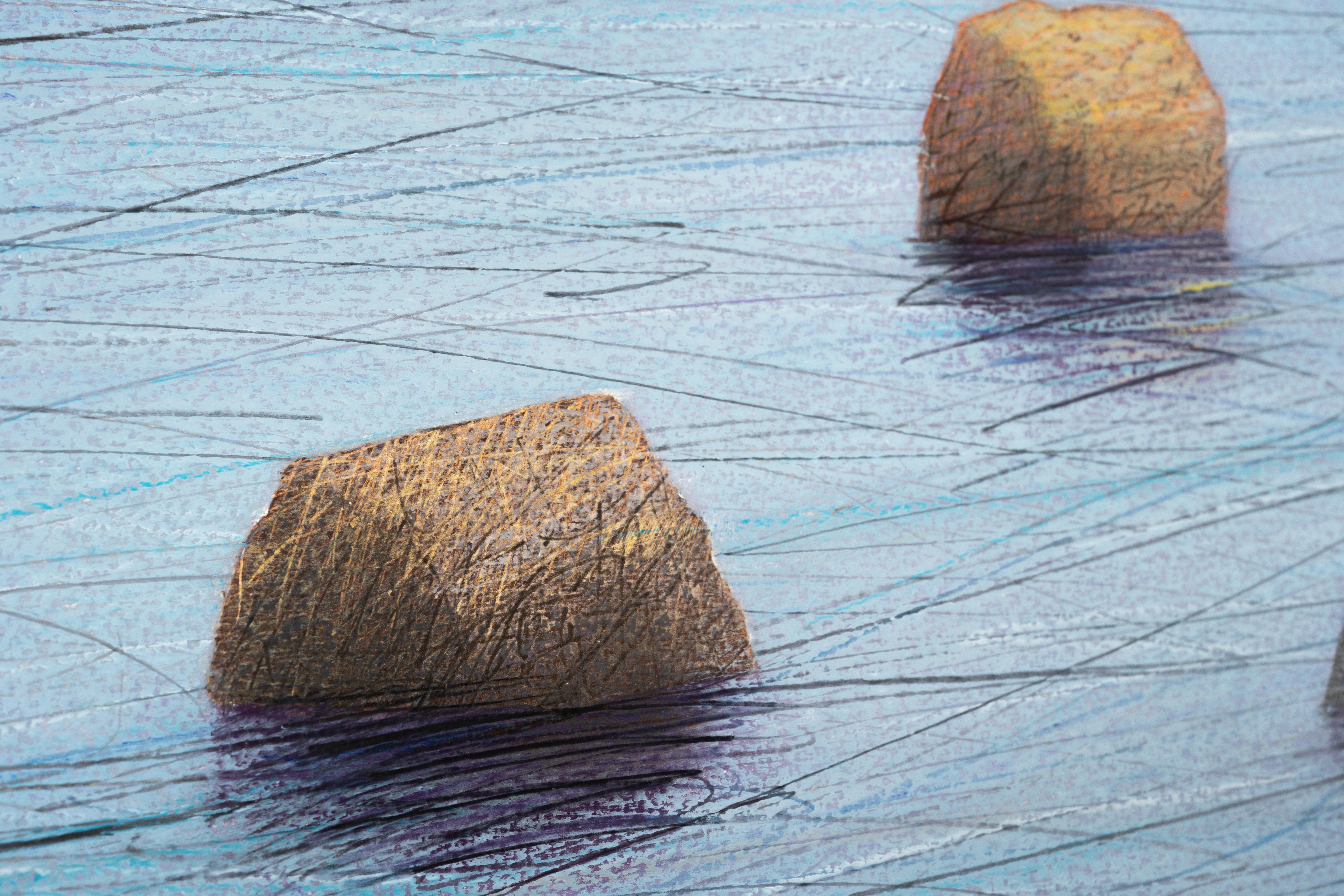 12 pierres - Paysage contemporain Pastel d'huile  Peinture, vue sur l'eau - Bleu Figurative Painting par Janusz Kokot