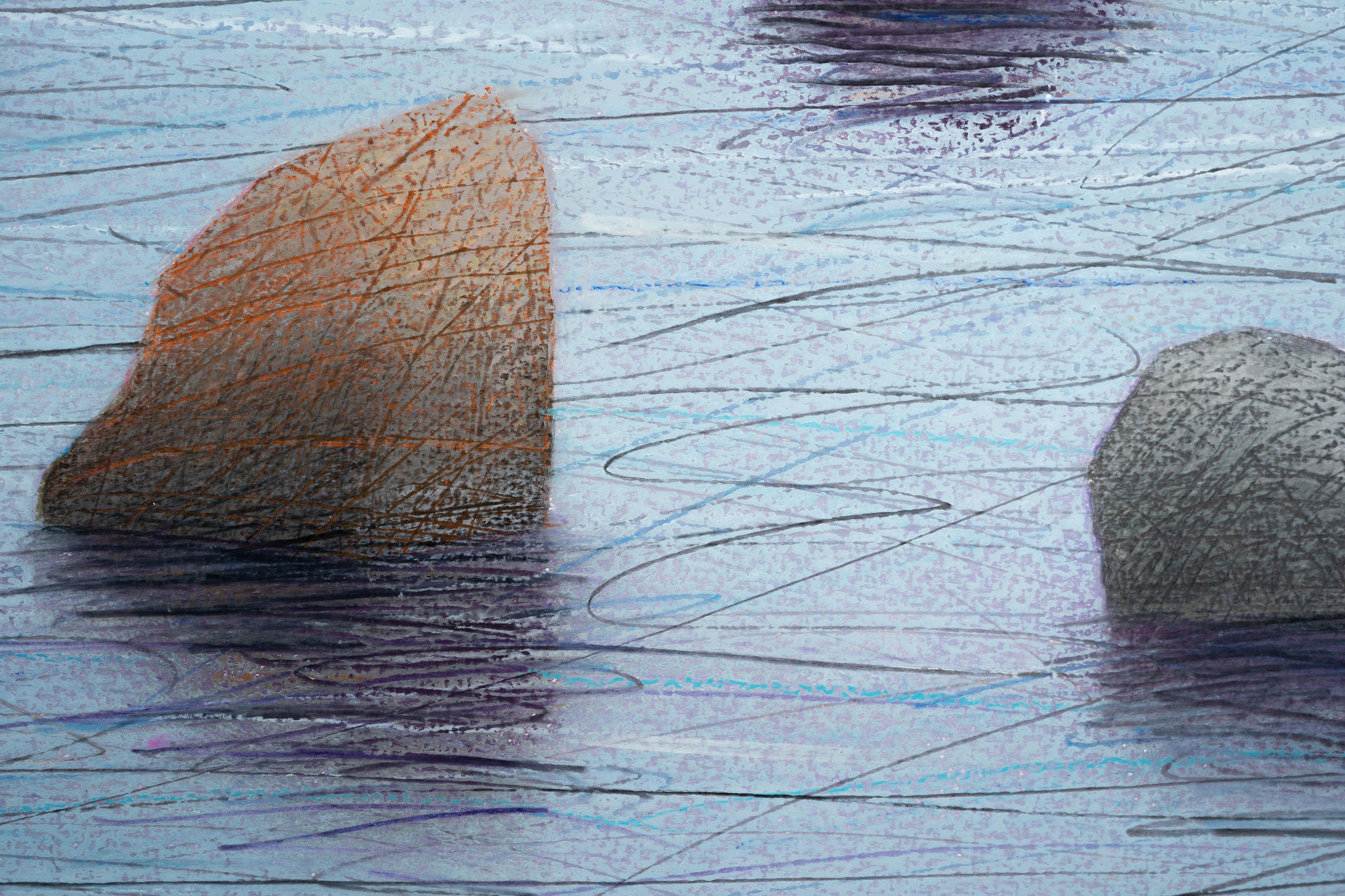 12 pierres - Paysage contemporain Pastel d'huile  Peinture, vue sur l'eau en vente 1