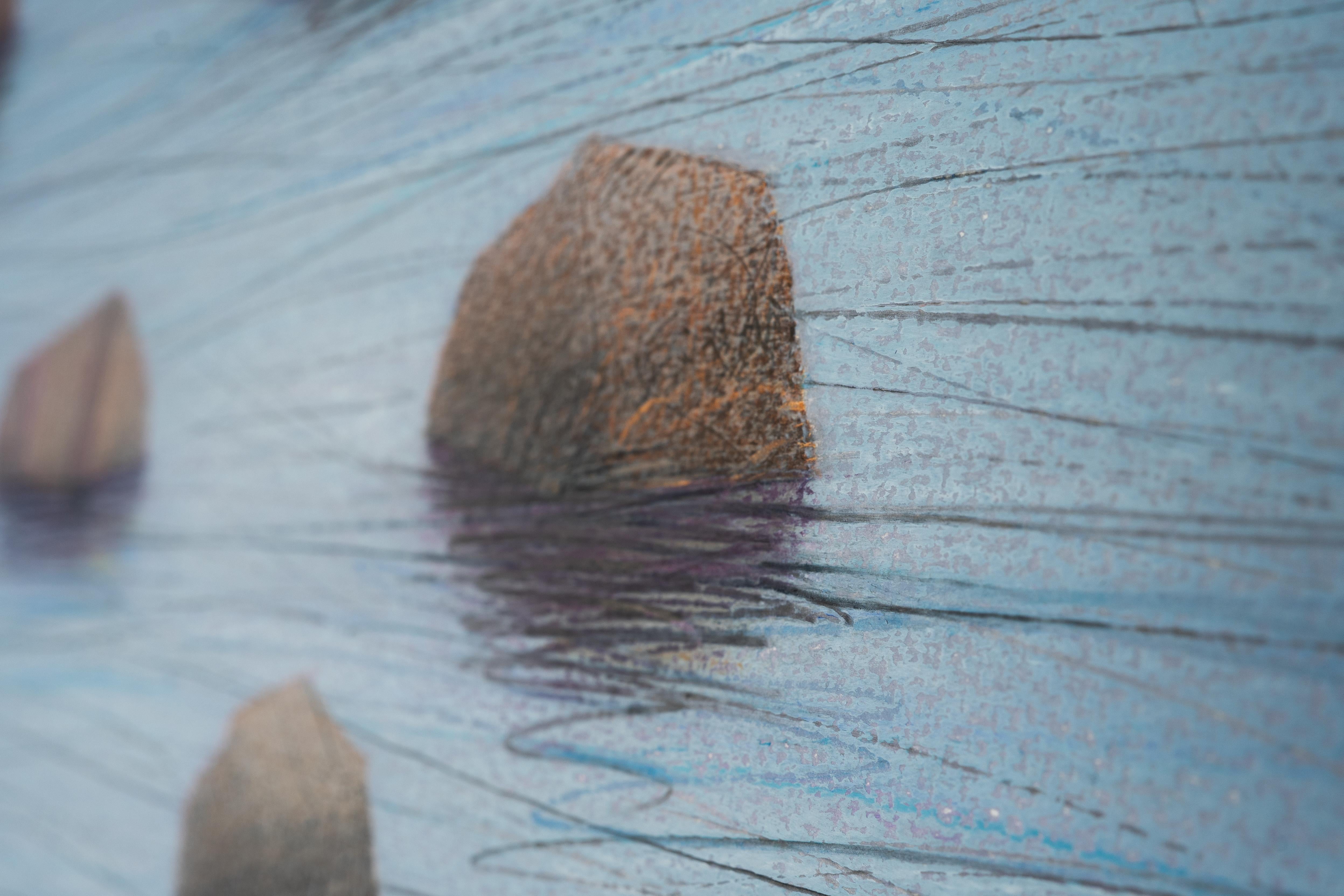 12 pierres - Paysage contemporain Pastel d'huile  Peinture, vue sur l'eau en vente 2