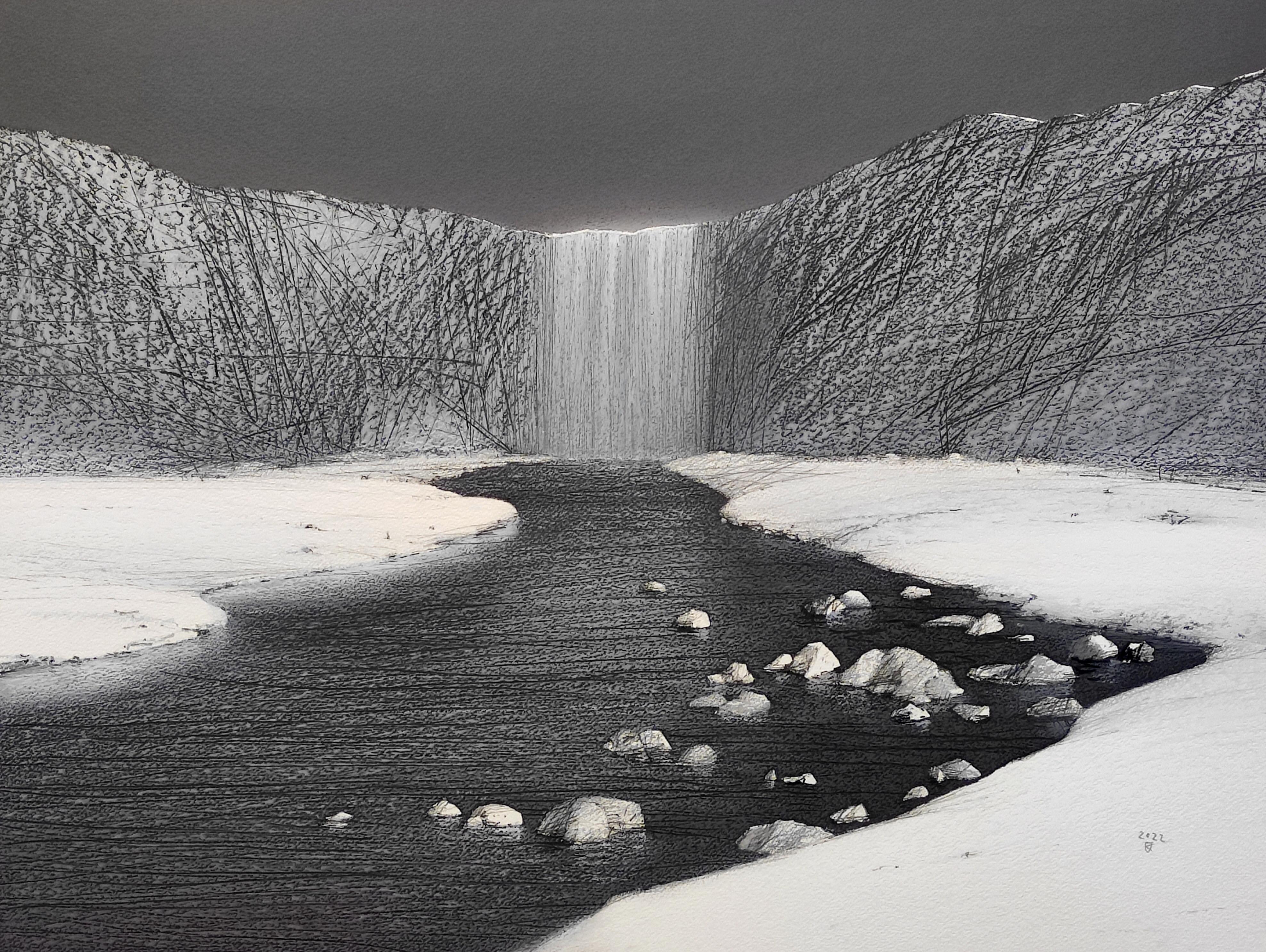 Landscape Art Janusz Kokot - Cascade d
hiver - Paysage d
ambiance contemporain Pastel à l
huile  Peinture